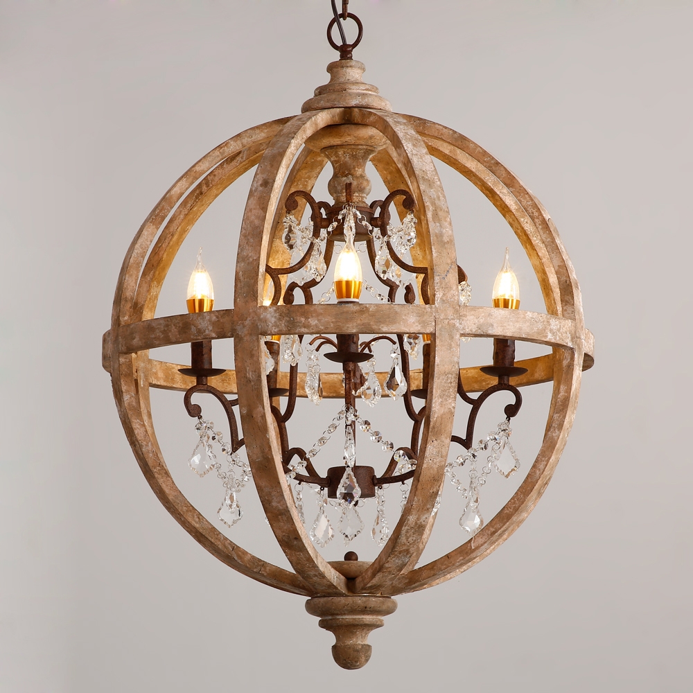 Retro Rustic Weathered Wooden Globe Caged Rust Metal Scroll Crystal 5-Light Chandelier