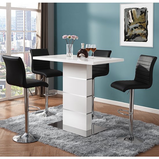 Parini High Gloss Bar Table In White With 4 Ripple Black Stools