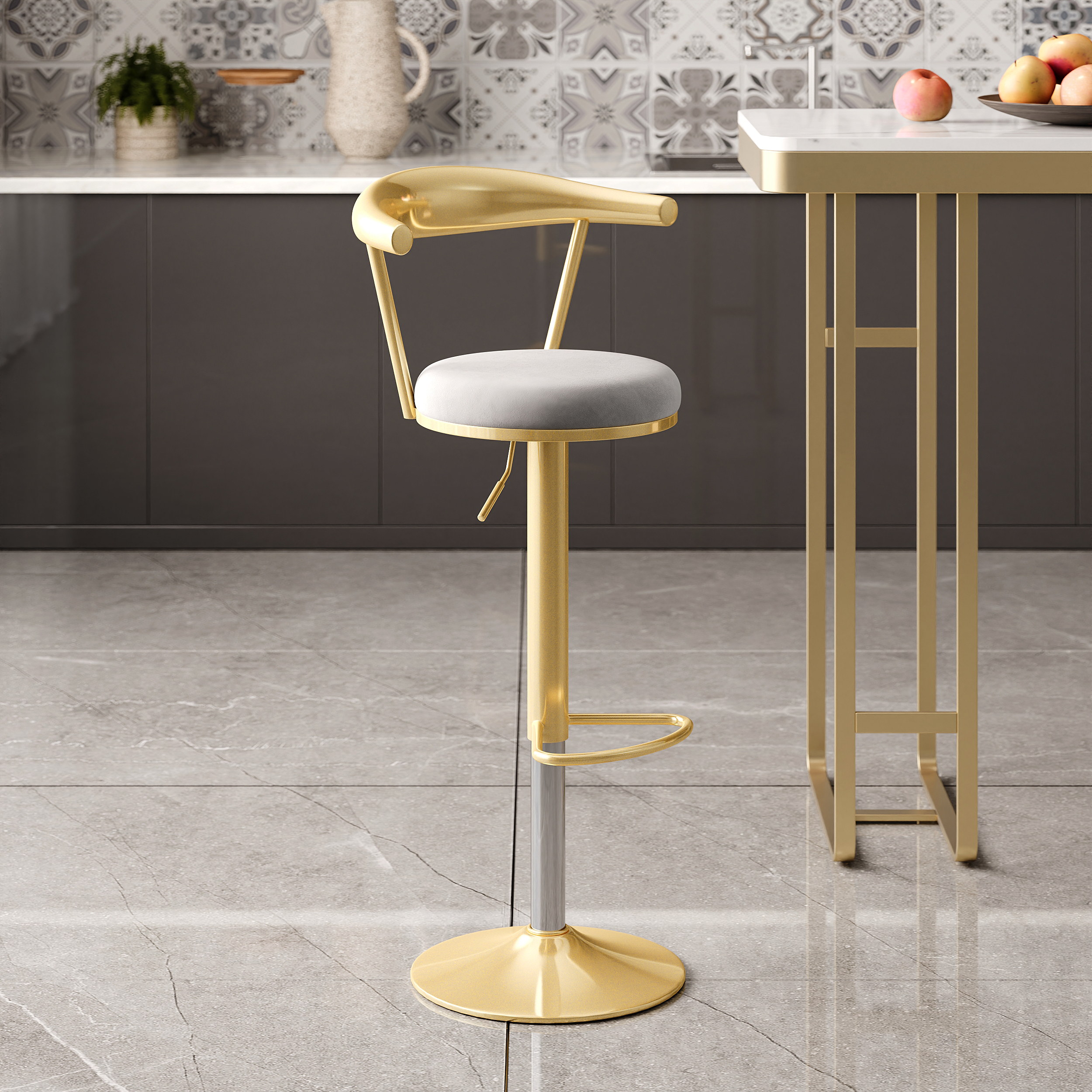 Modern Gray Bar Height Stool Adjustable & Swivel with Velvet Upholstery & Footrest