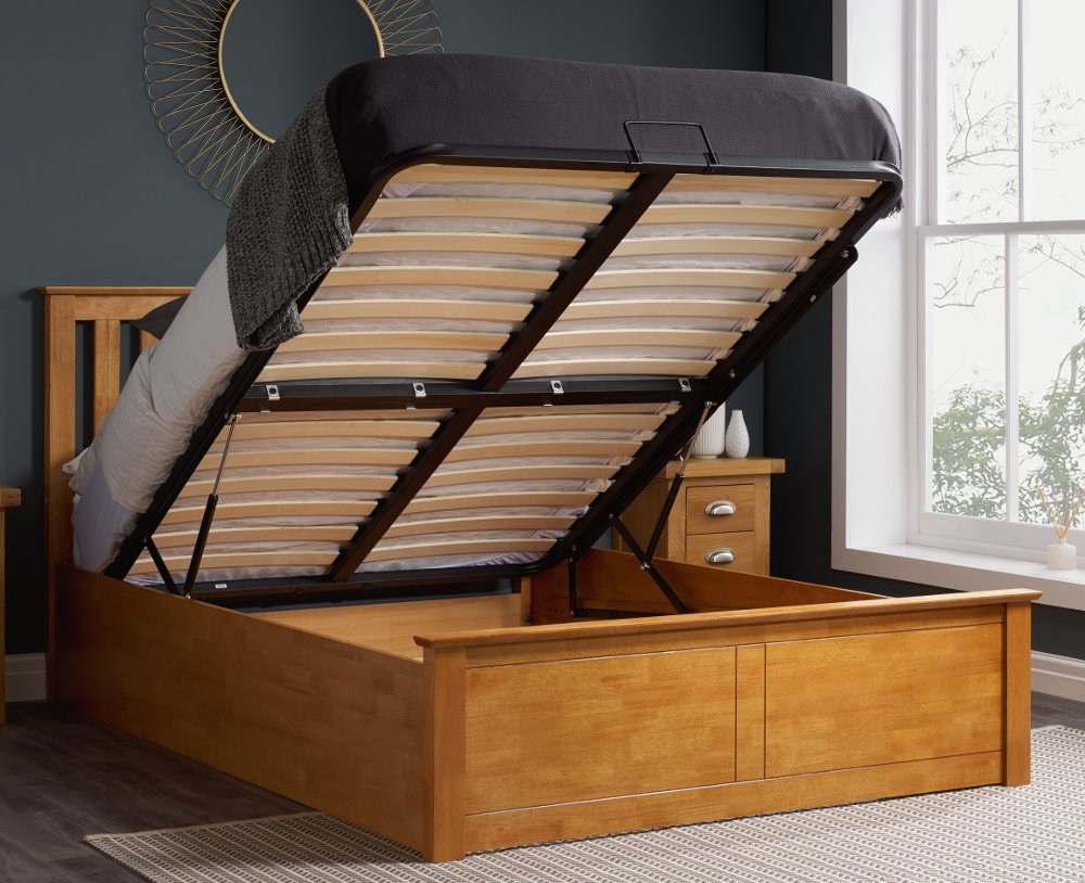 Phoenix Oak Finish Wooden Ottoman Storage Bed Frame - 5ft King Size