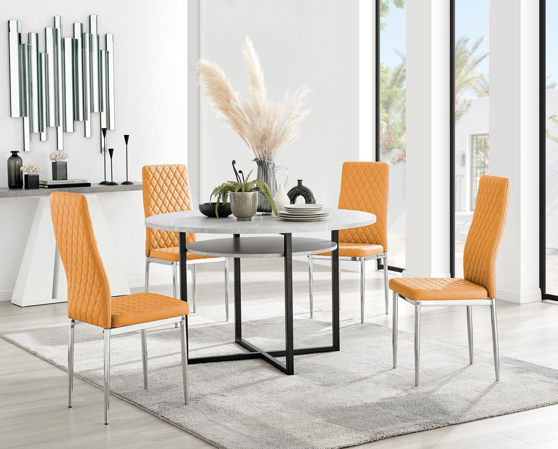 FurnitureboxUK Adley Grey Concrete Effect Round Dining Table & 4 Milan Chrome Leg Faux Leather Chairs in Mustard
