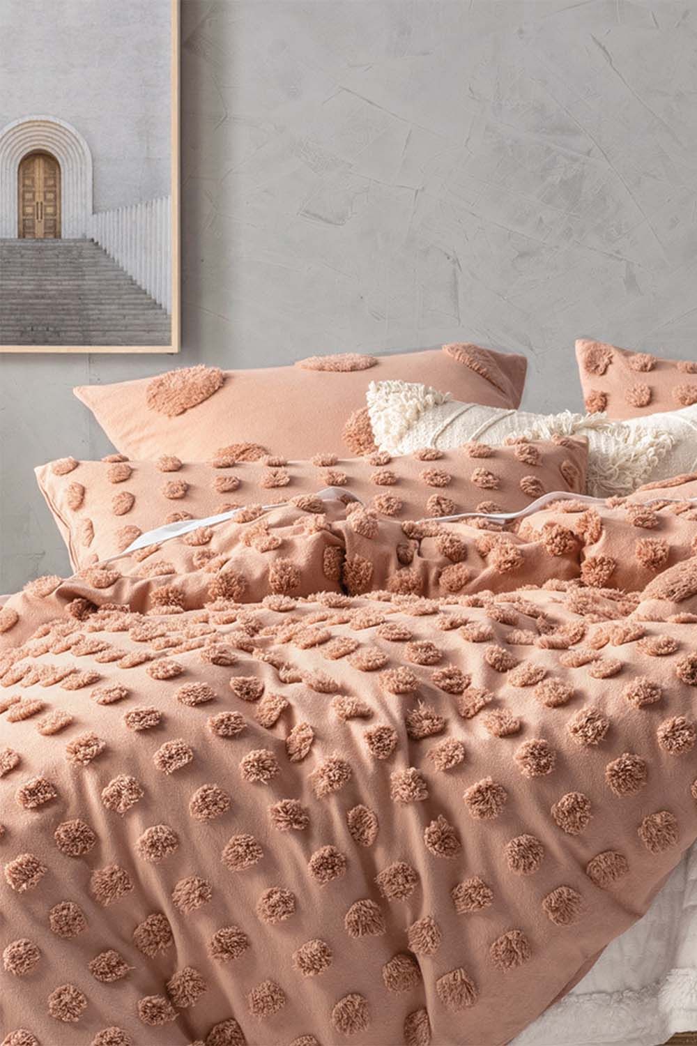 Linen House Haze Tufted Polka Dot Pillowcase Set in Light Brown