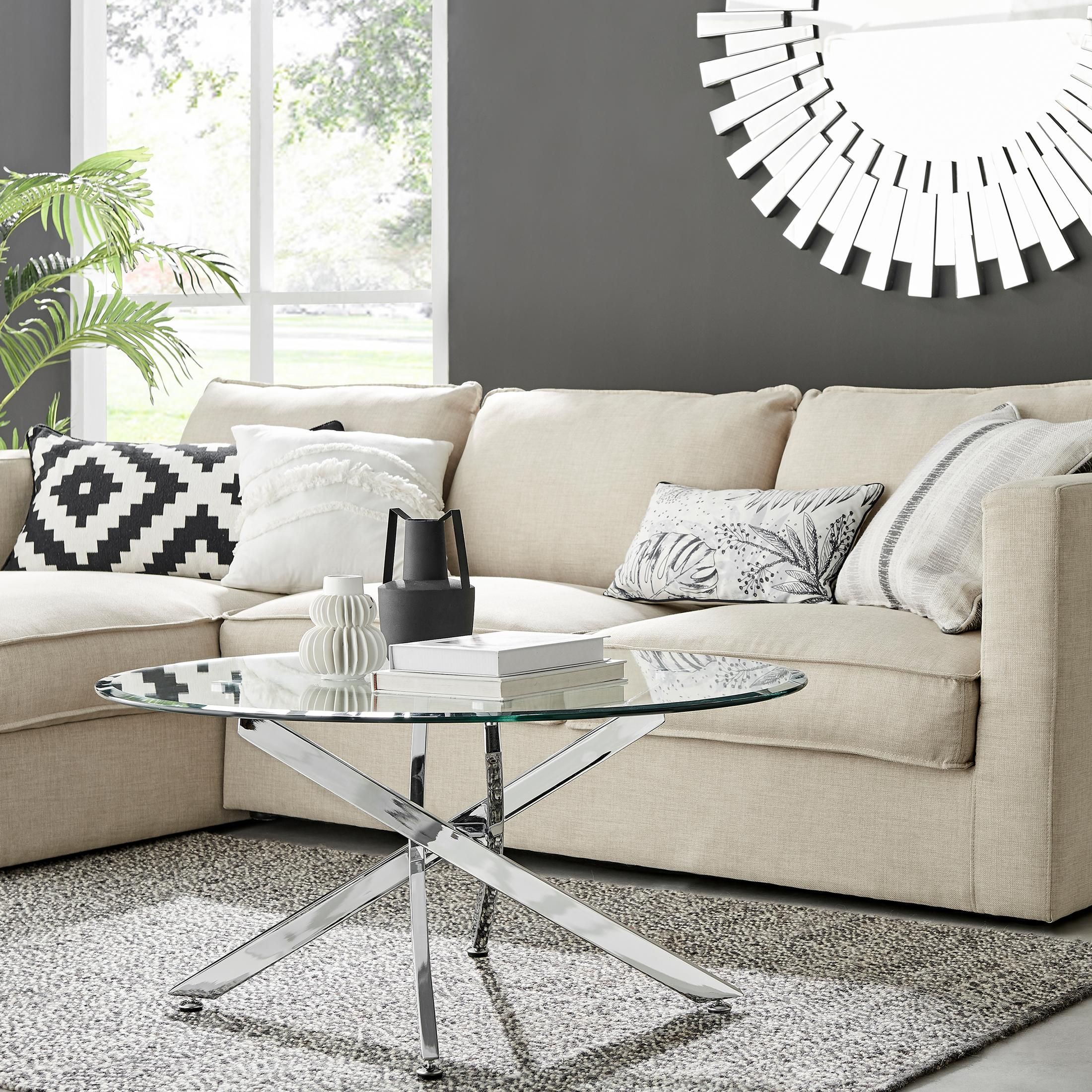 FurnitureboxUK Novara Round Glass Coffee Table with Angled Starburst Metal Legs for Modern Glam Minimalist Living Room in Silver