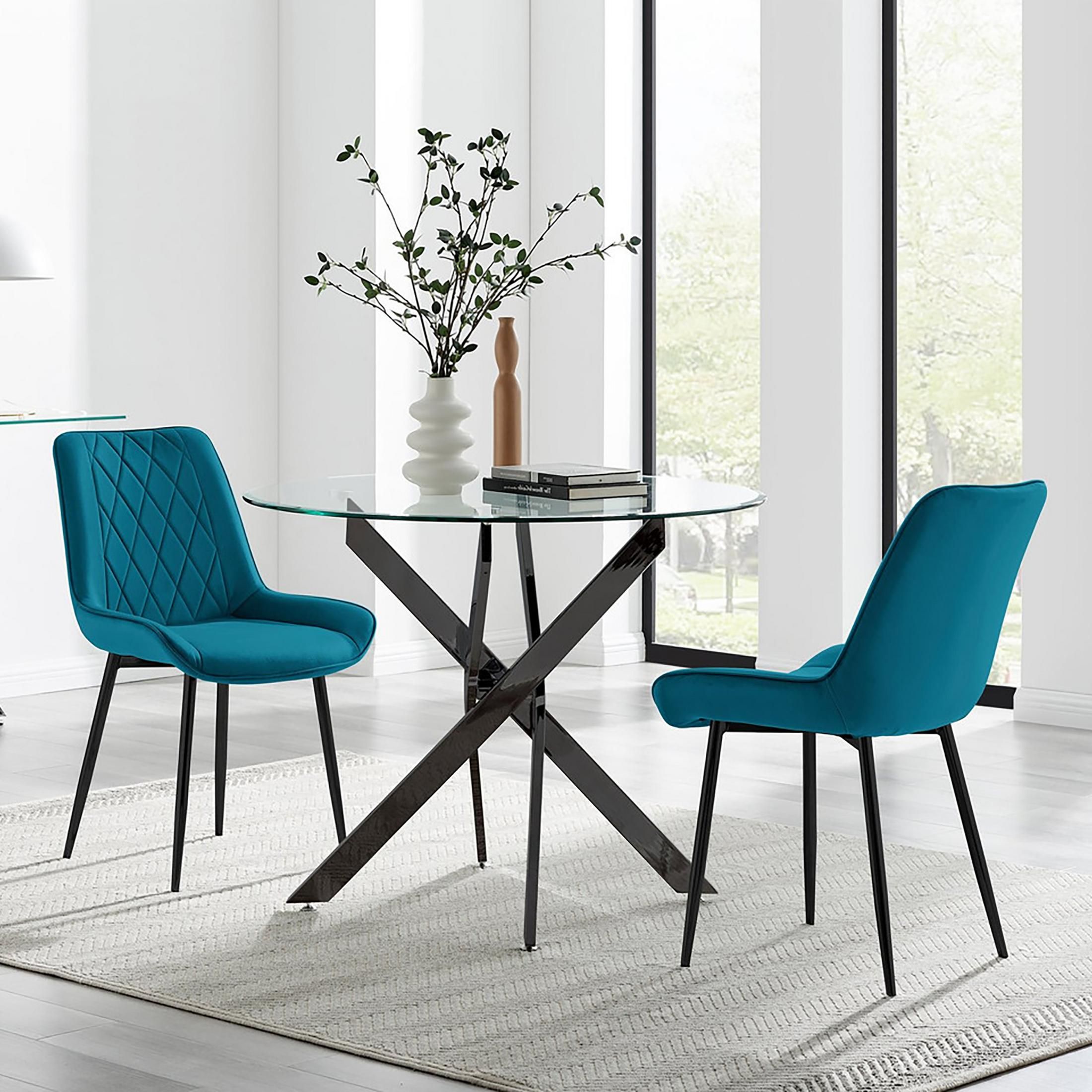 FurnitureboxUK Novara 100cm Round Black Leg Dining Table & 2 Pesaro Black Leg Chairs in Blue
