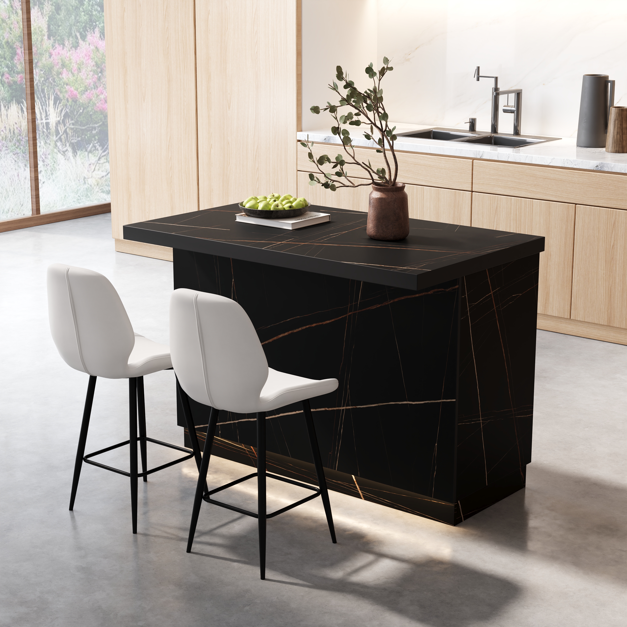 1270mm Japandi Kitchen lsland  Black Wooden Storage Kitchen Cabinet with Light