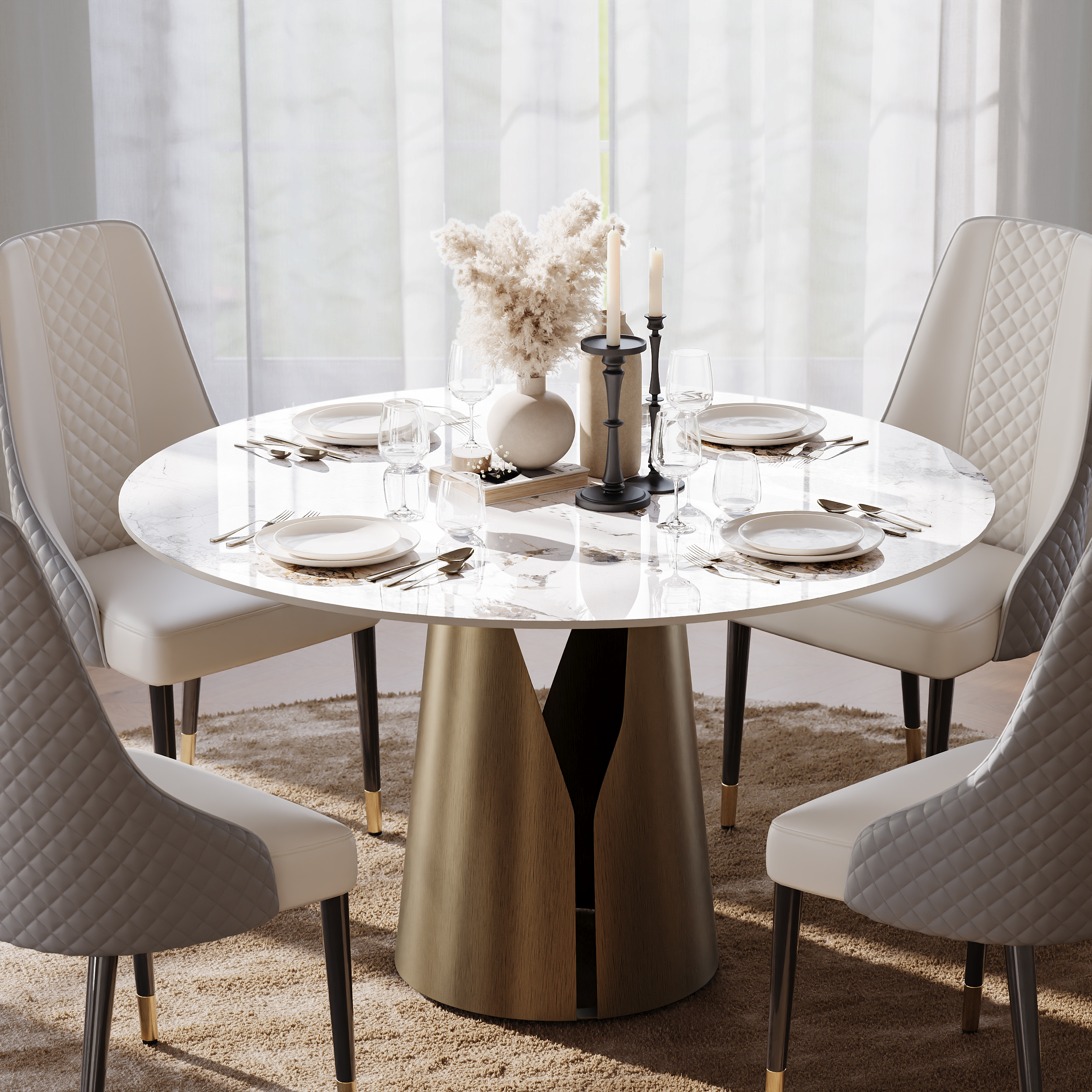 1200 mm Faux Marble Round Dining Table with Carbon Steel Base for 4 People