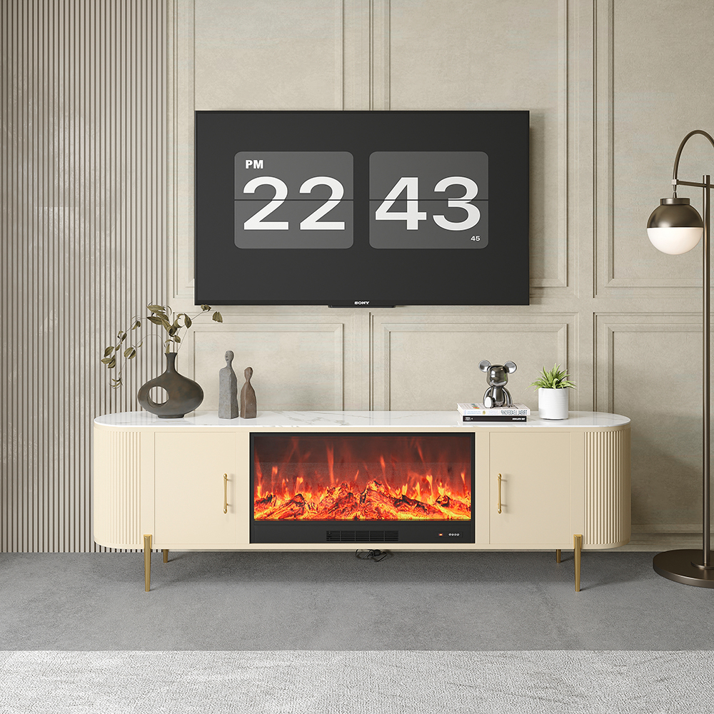 200 cm Modern Beige Electric Fireplace Storage TV Stand Sintered Stone Top with Remote Control