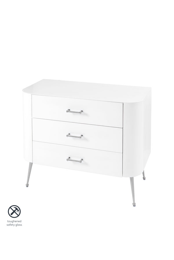 Mason White Glass Chest of Drawers – Shiny Silver Legs