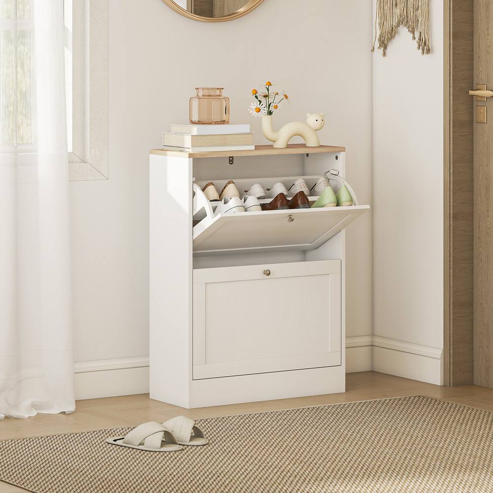 HOMCOM 2 Flip Drawer Narrow Shoe Cabinet with Adjustable Shelves, White