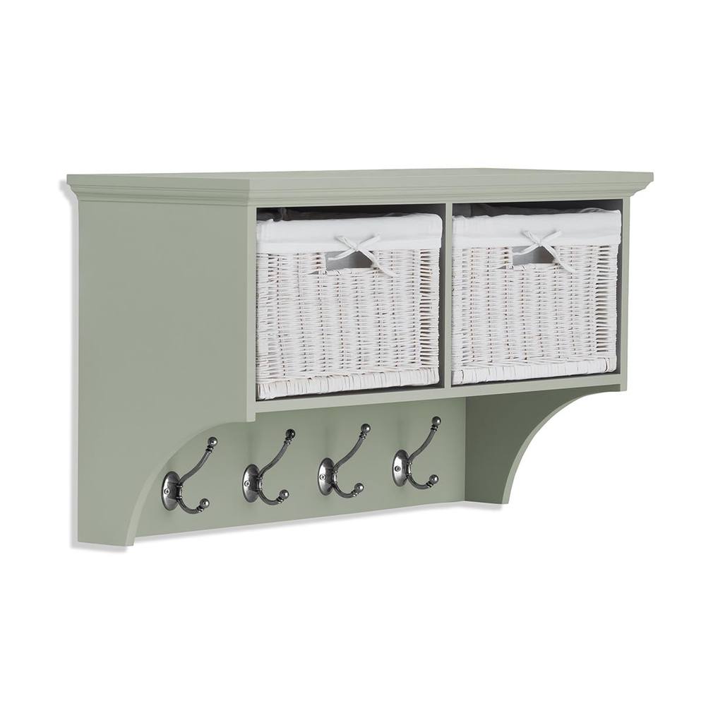 Statement Furniture Tetbury Small Hallway Coat Rack / Shelf with Wicker Storage Baskets in Light Green