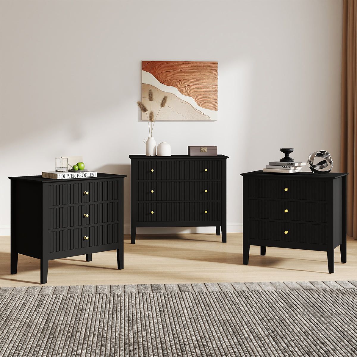 Melody Maison Wide 3 Drawer Chest Of Drawers & Pair Of Large Bedside Tables - Hales Black Range