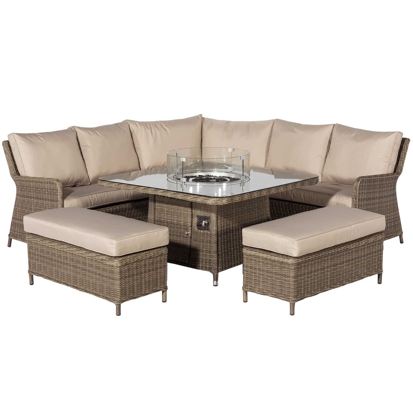 Taransay Royal Garden Corner Dining Set with Fire Pit in Natural Weave and Beige Fabric