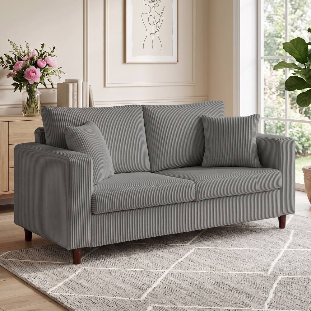 HOMCOM Loveseat Sofa with Wide Seat, Corduroy Upholstered, Light Grey