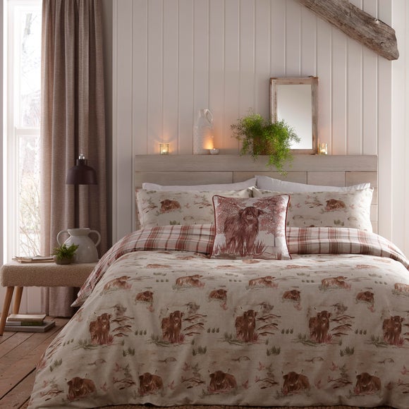 Dreams & Drapes Lodge Hanson Highland Cow Terracotta 100% Brushed Cotton Duvet Cover & Pillowcase Set