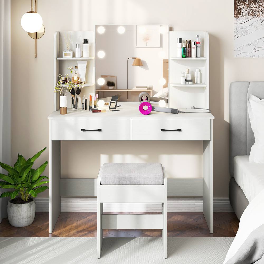 Costway Modern Vanity Desk Set Dressing Table & Chair Set w/Mirror & Lights in White