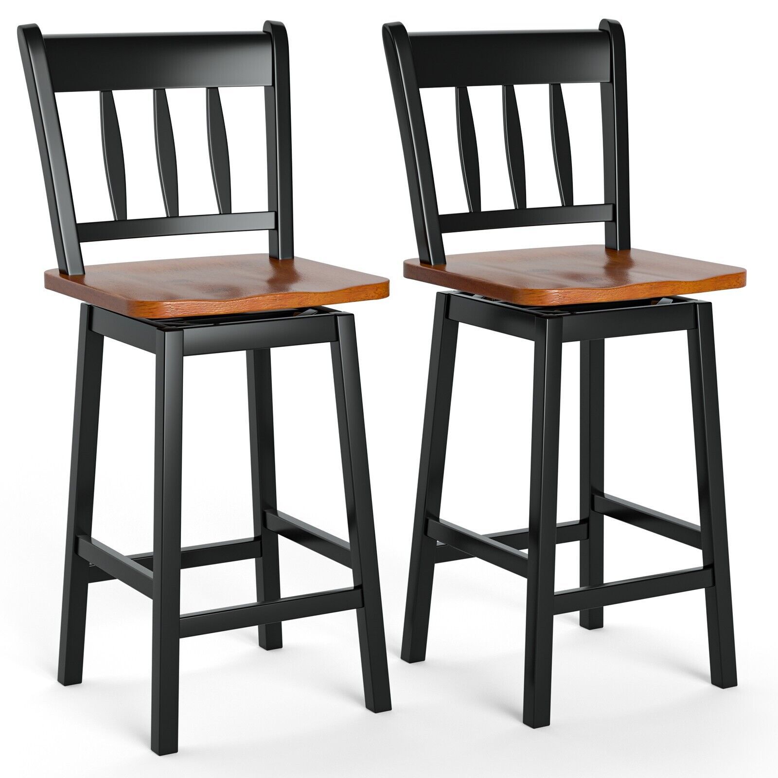 Costway Bar Stools Set of 2 Rubber Wood Swivel Bar Chairs with Backrest & Footrest in Black