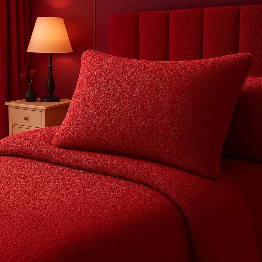Homes-Linen Teddy Bear Plush Fleece Pillowcase Pair Warm & Cosy in Red