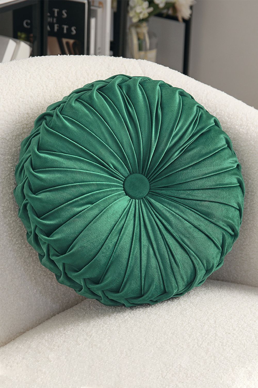 Living and Home 40cm Green Round Velvet Pleated Pumpkin Cushion in Dark Green