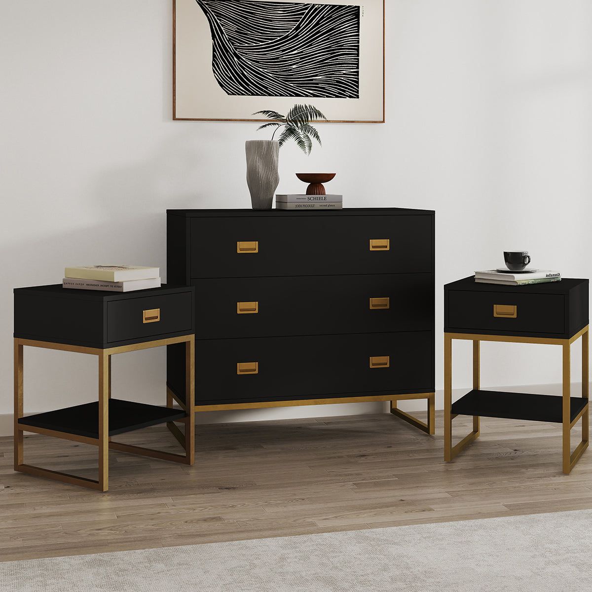 Melody Maison Large 3 Drawer Chest Of Drawers & Pair Of Bedside Tables - Elle Black Range