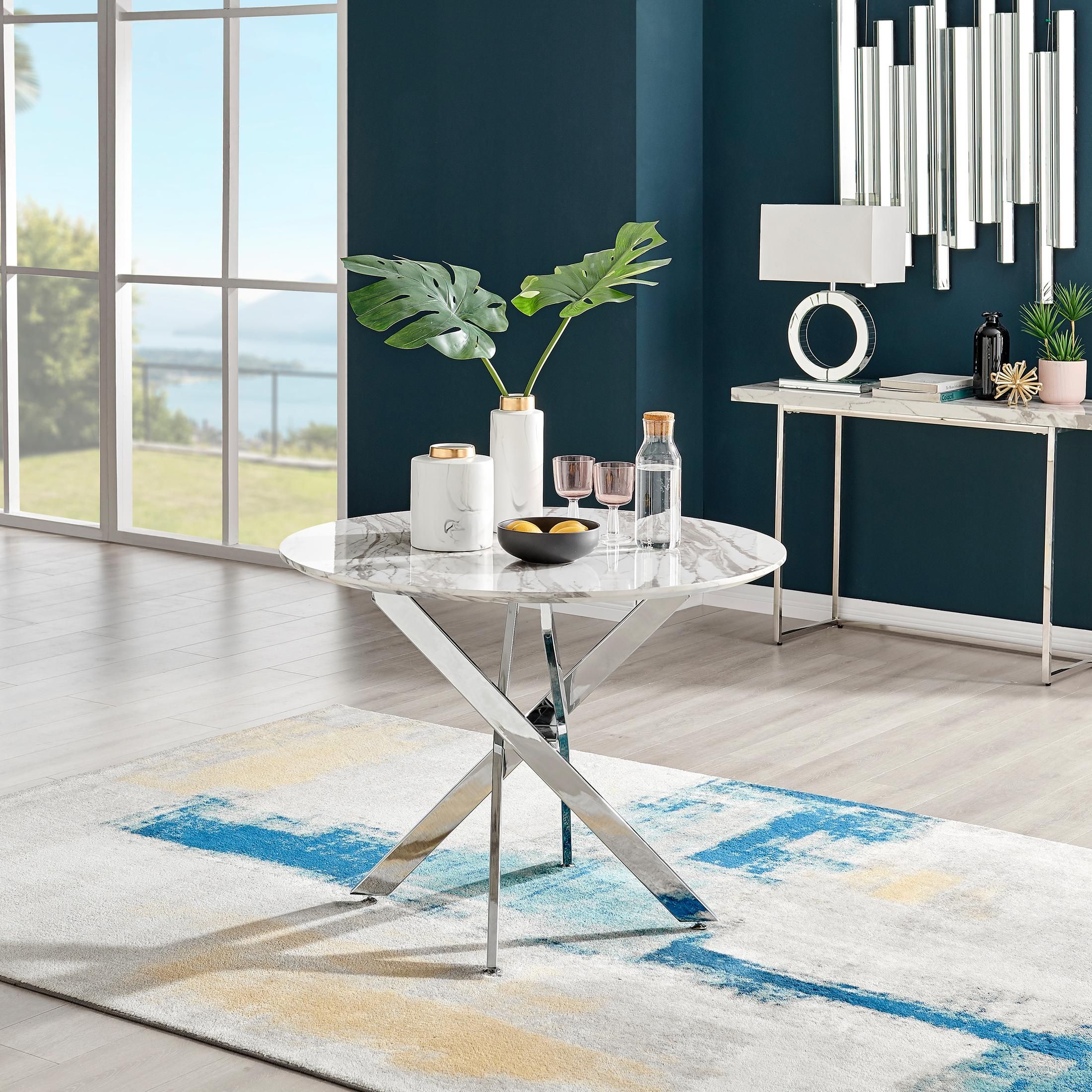 FurnitureboxUK Novara 100cm Round 4-Seater Dining Table With Silver Chrome Legs in Off-White