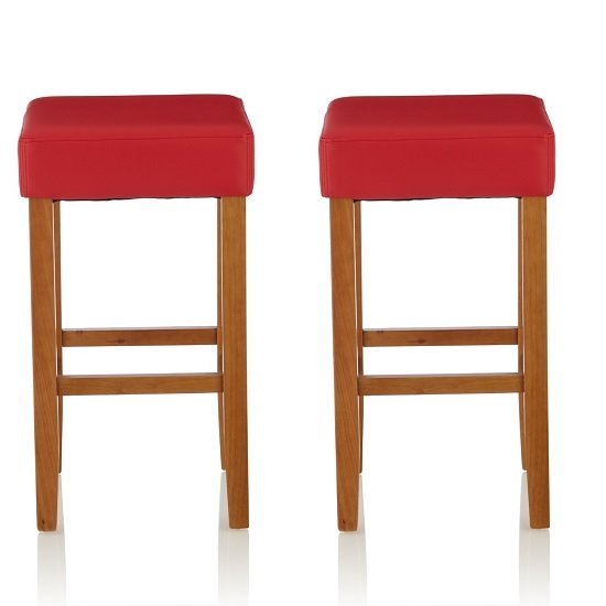 Newark Bar Stools In Red PU And Oak Legs In A Pair