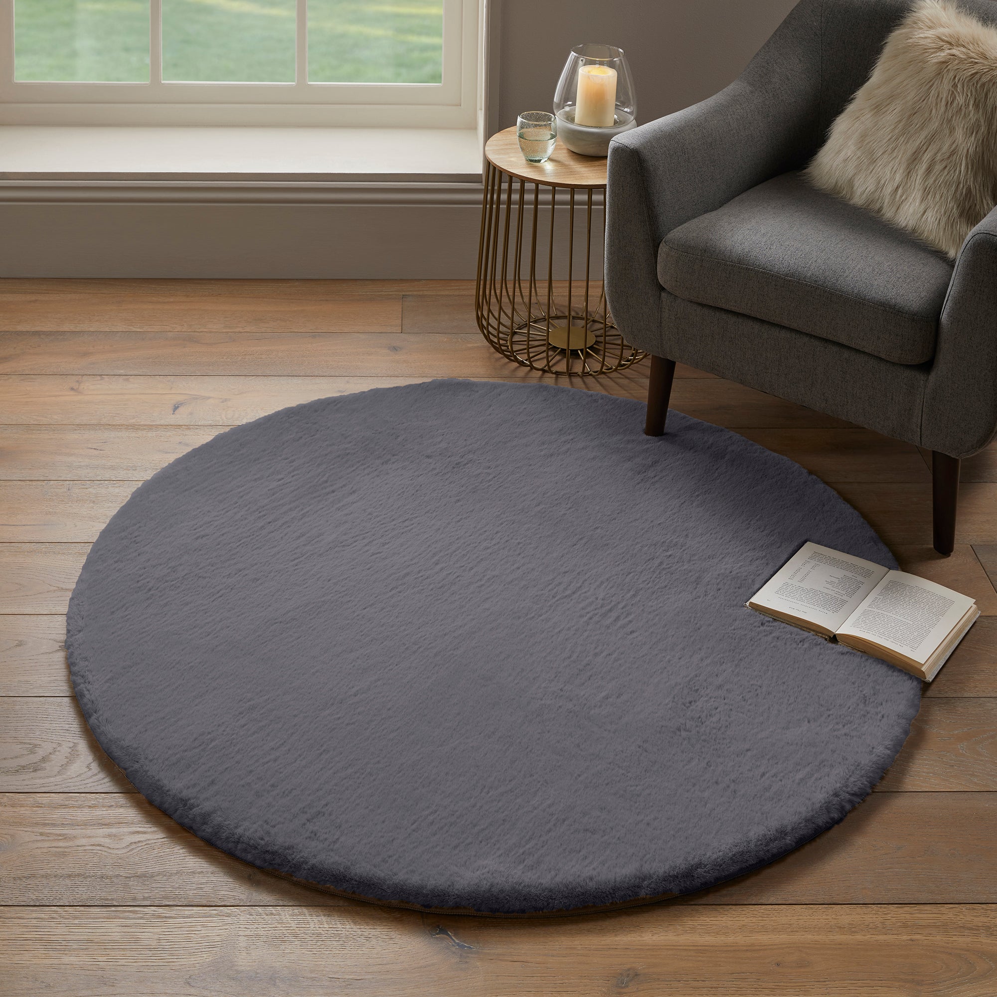 Faux Fur Supersoft Lush Circle Rug Dark Grey