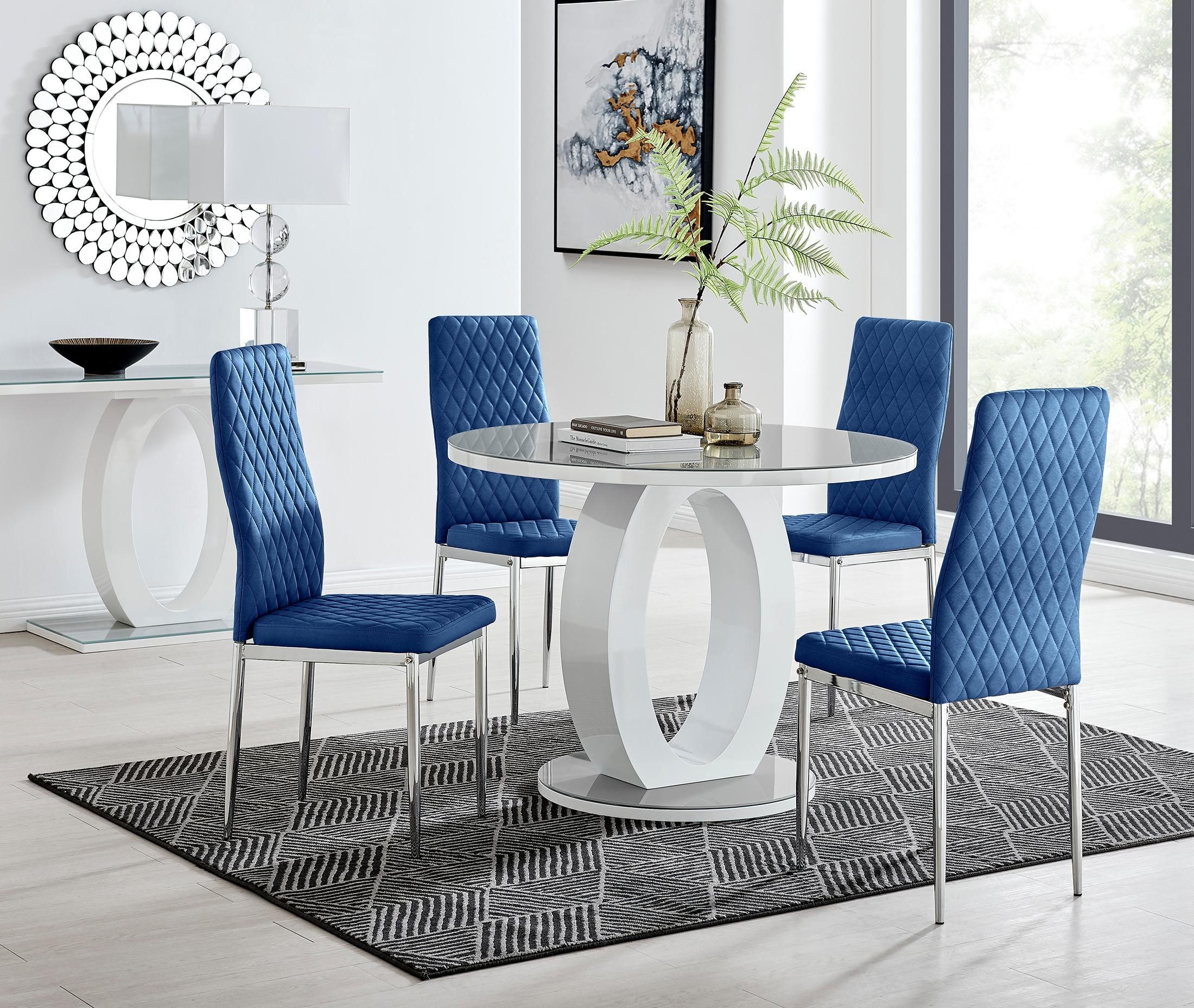 FurnitureboxUK Giovani Round 4 Seat 100cm White High Gloss Halo Base Grey Glass Top Dining Table 4 Soft Velvet Silver Leg Milan Chairs in Navy