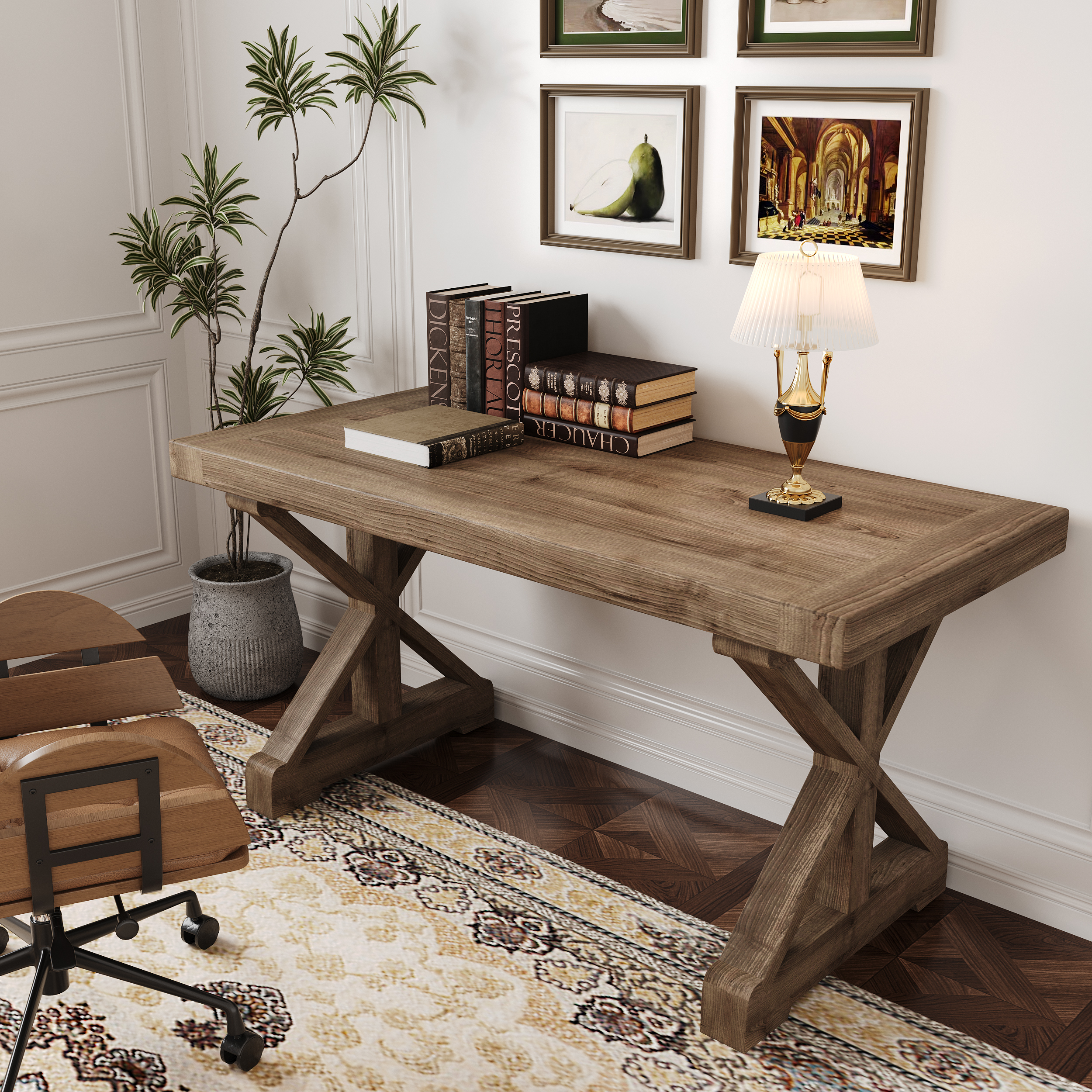Vintage Style Pine wood Office Writing Desk with Trestle Leg in Natural Farmhouse Home Office Furniture Rectangular (120 cm)