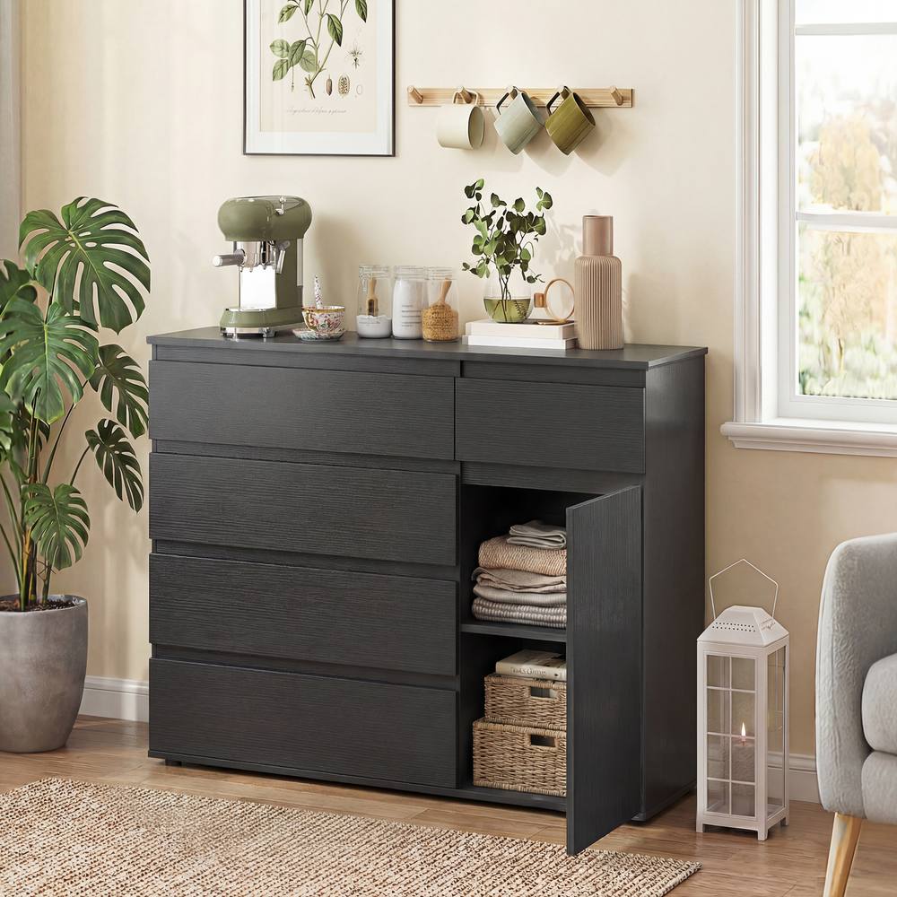 HOMCOM Sideboard Storage Cabinet, Kitchen Cupboard with 5 Drawers in Black
