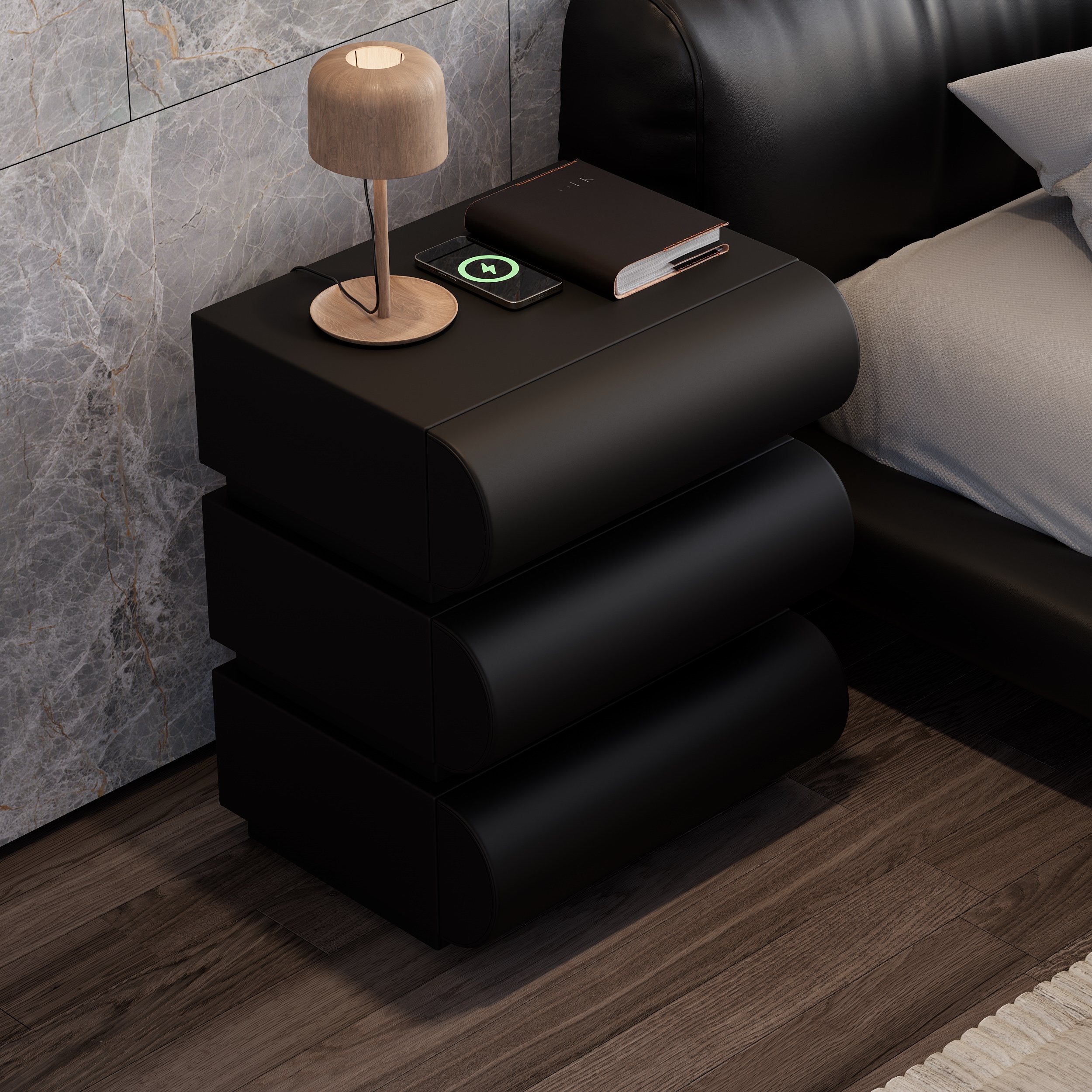 Modern Black Leather Smart Bedside Table with Wireless Charger 3 Drawers Bedside Table with USB & Type-C Ports