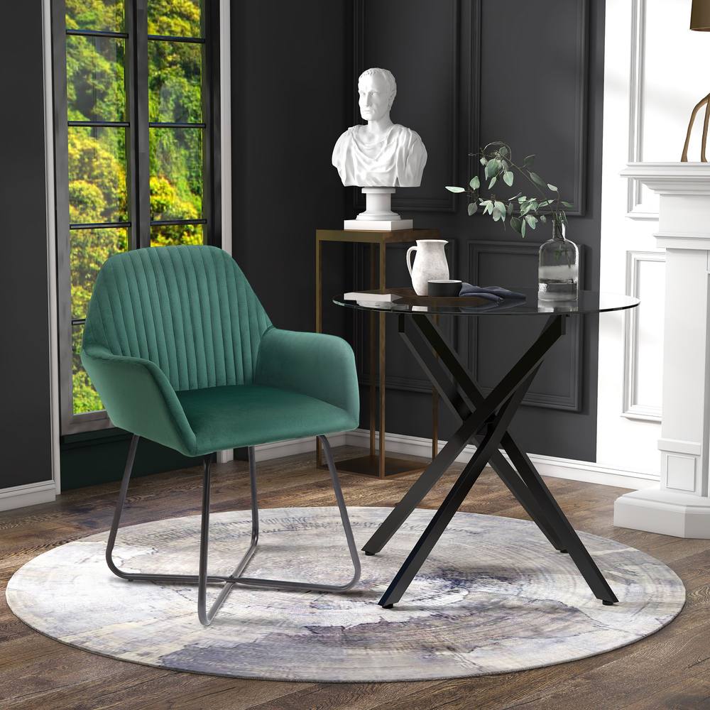 HOMCOM Round Glass Dining Table & Velvet Chair Set Kitchen Furniture 2pc Gre in Green