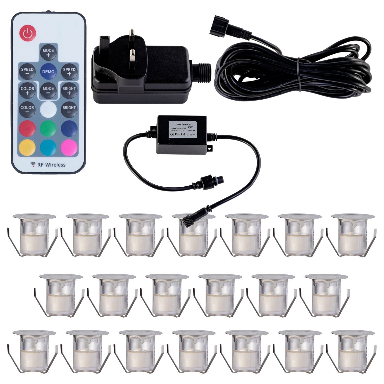 First Choice Lighting Set of 20 - 30mm Stainless Steel IP67 Colour Changing LED Decking Kit in Silver