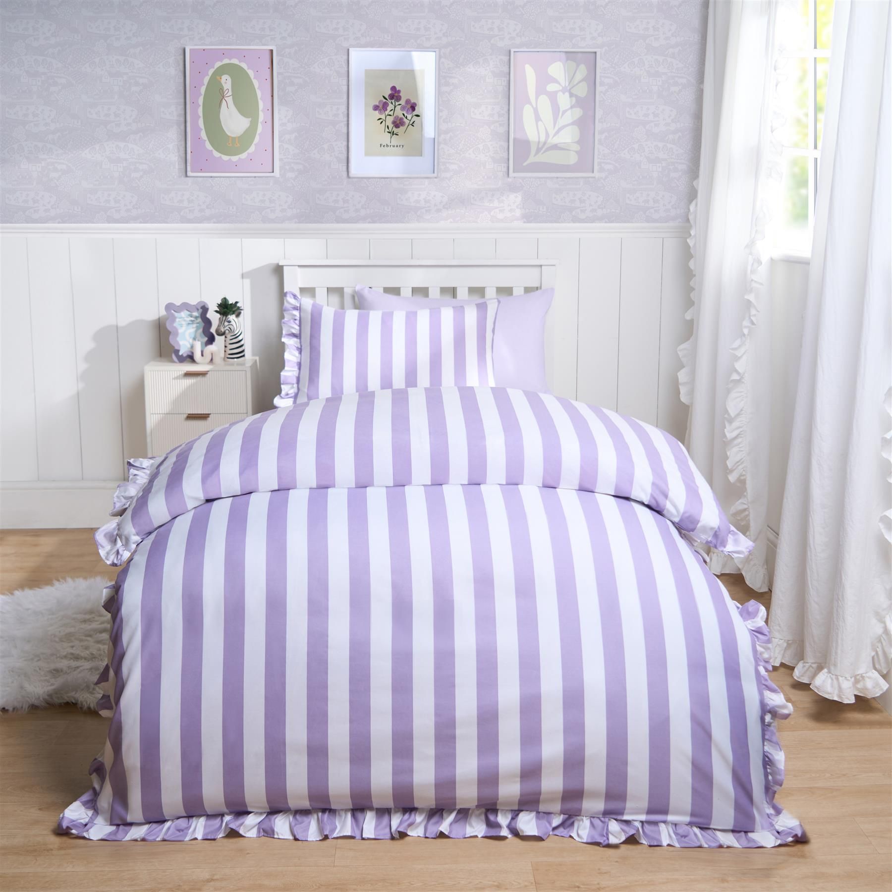 OHS Frill Duvet Cover Bedding Set Pillowcase Stripe Quilt Luxury in Lilac