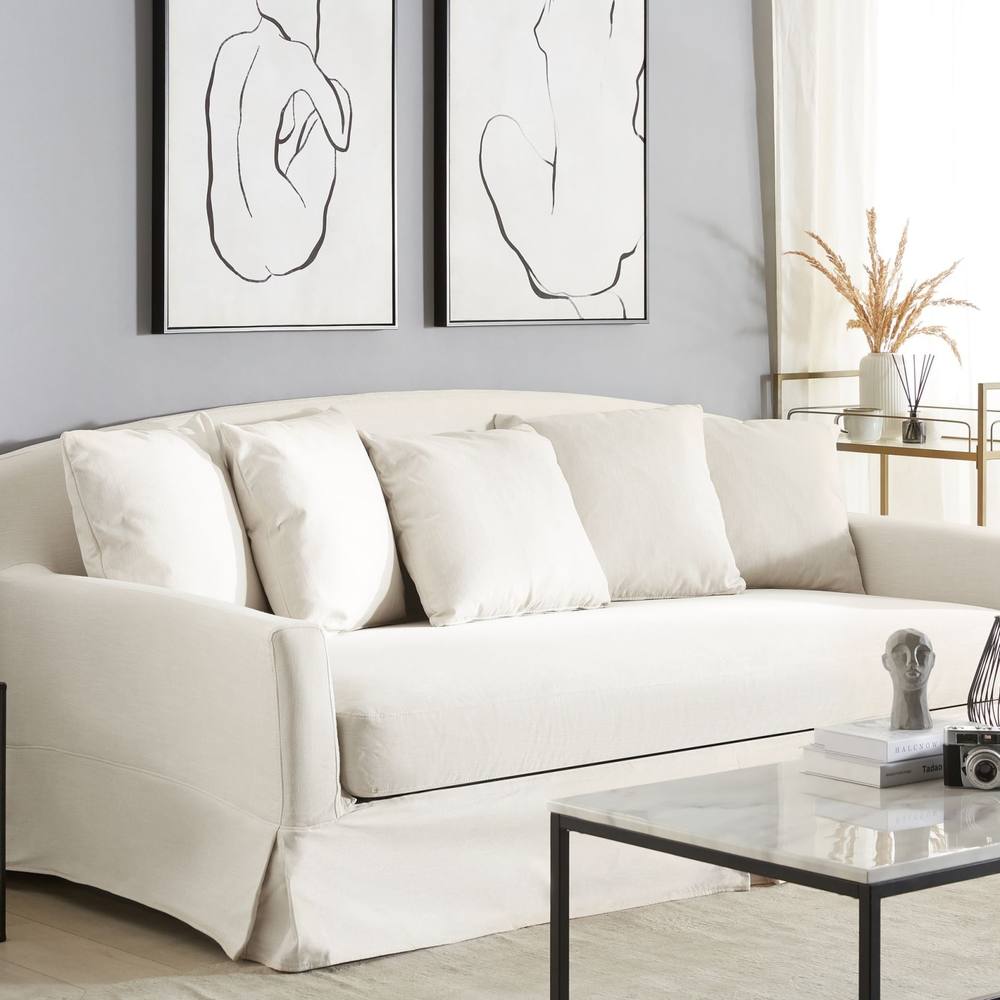 Wyld and Coco Off-White Polyester Slipcover for 3-Seater Rectangular Sofa in White