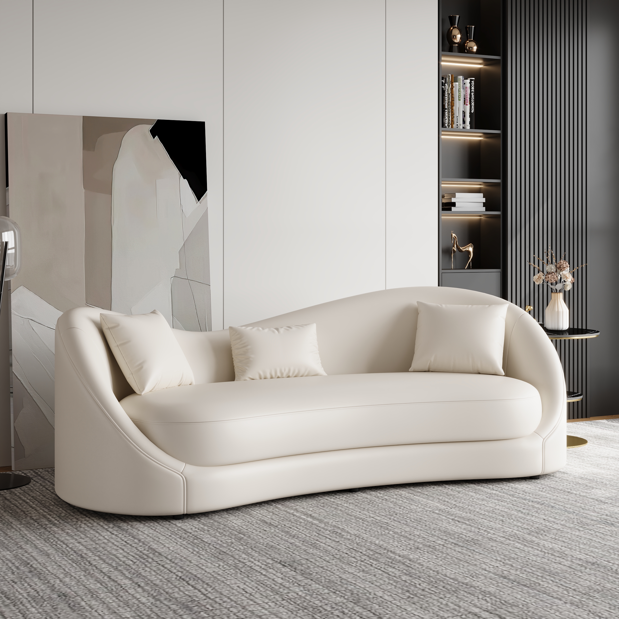 210 cm Performance Leather Curved Upholstered Sofa with Pillows