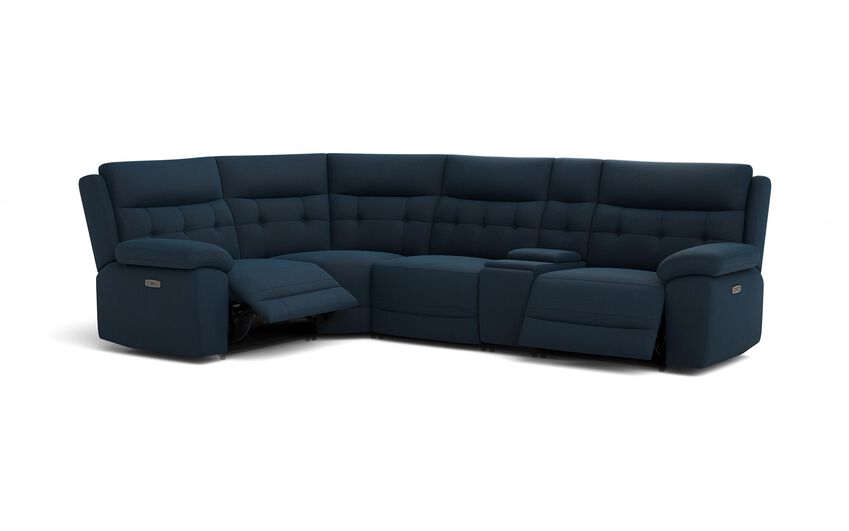 Blue Fabric Belford 1 Corner 3 Power Recliner Sofa with Console