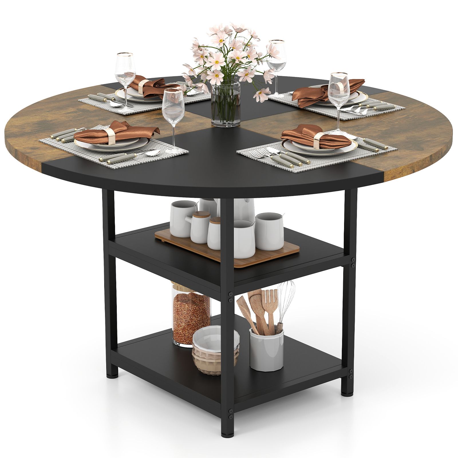 Costway Round Wooden Kitchen Table Dining Table w/ Storage Shlef