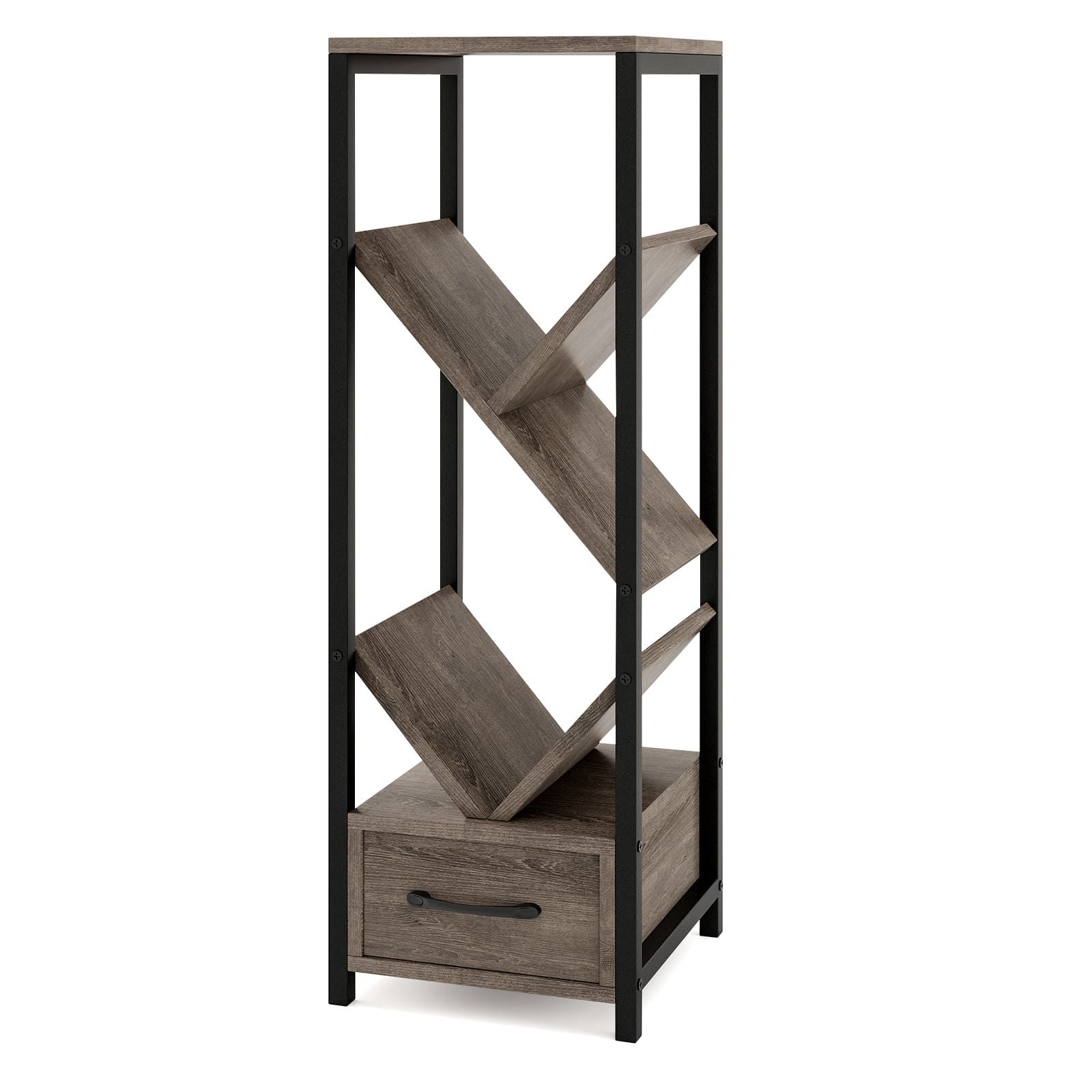Costway Tree Bookshelf 4 Tier Floor Standing Storage Organizer w/Drawer in Grey