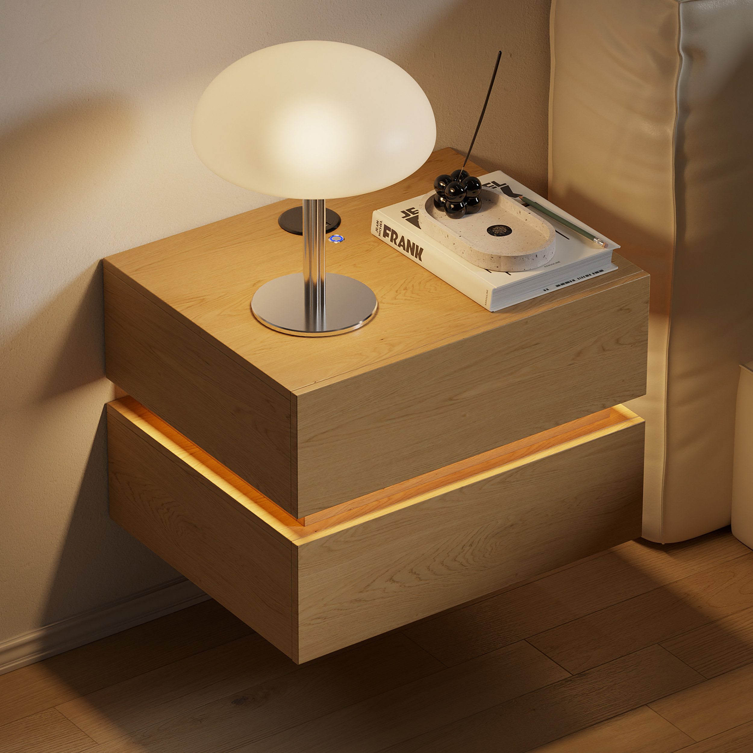 Floating Smart LED Bedside Table Wireless Charging Station Bedside Table with Light White