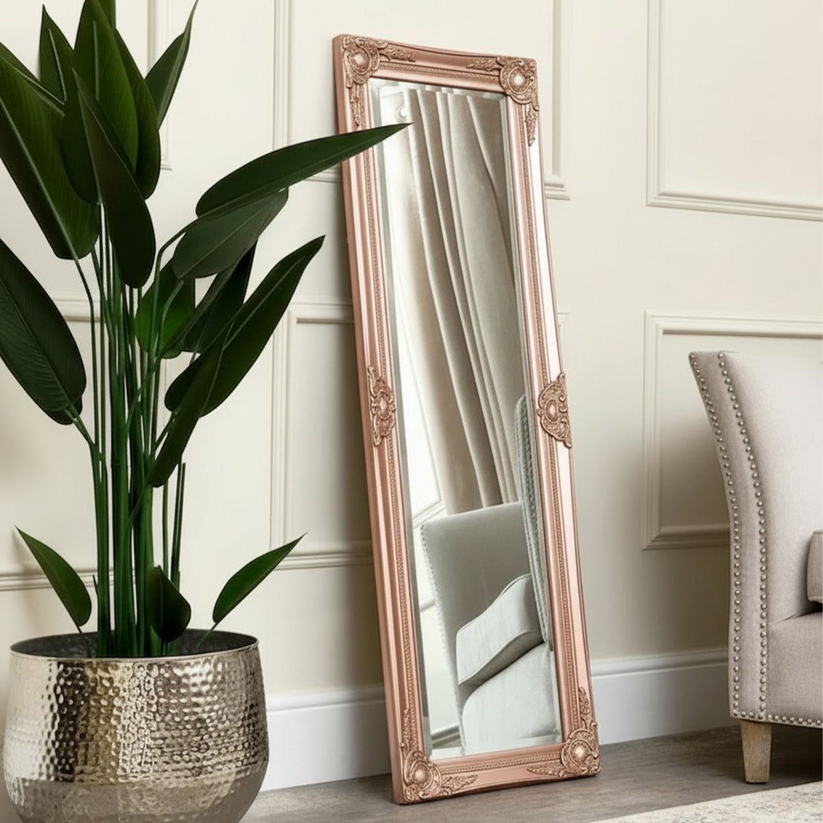 Melody Maison Tall Ornate Rose Gold Pink Mirror - 47cm X 142cm