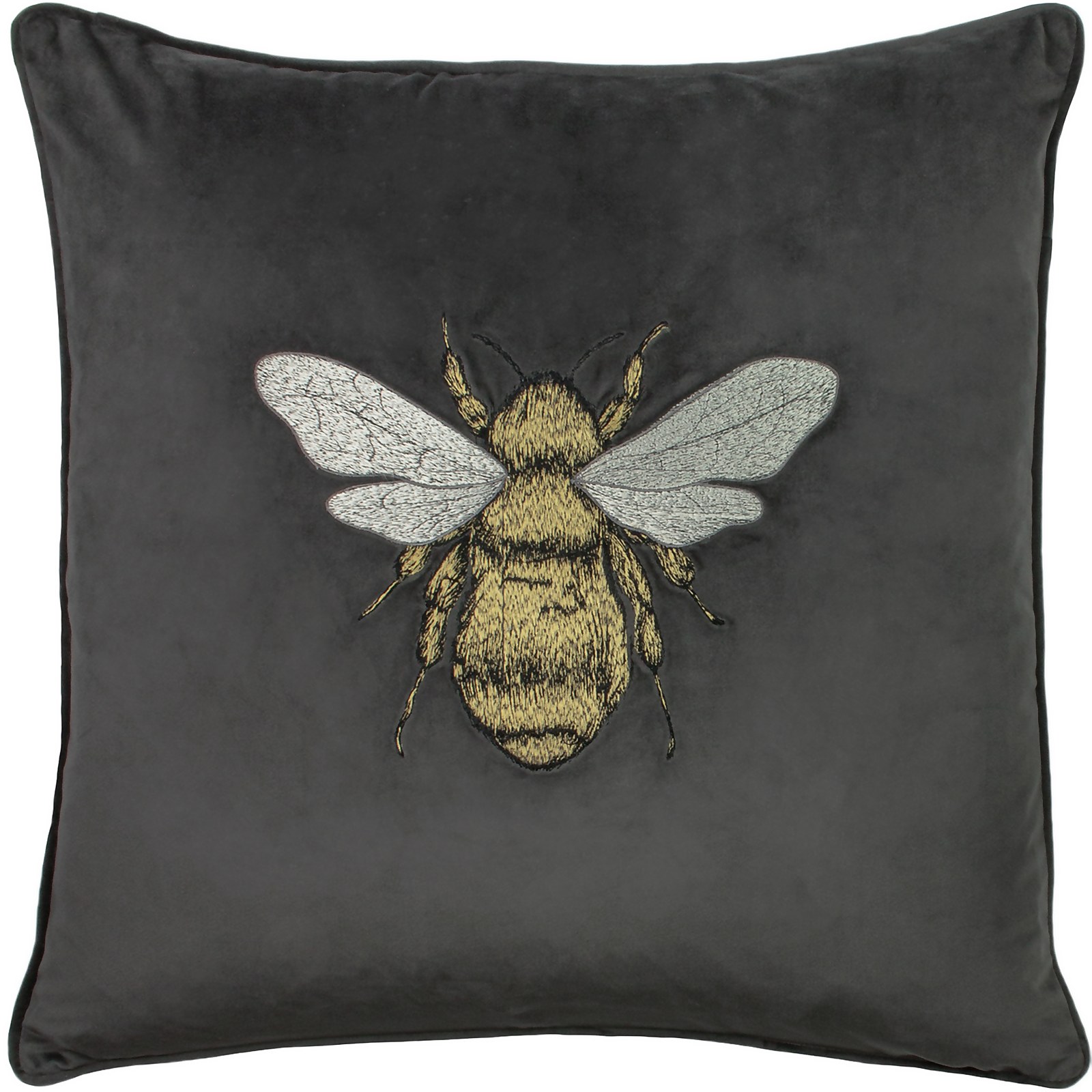 Bee Embroidered Velvet Cushion - Charcoal
