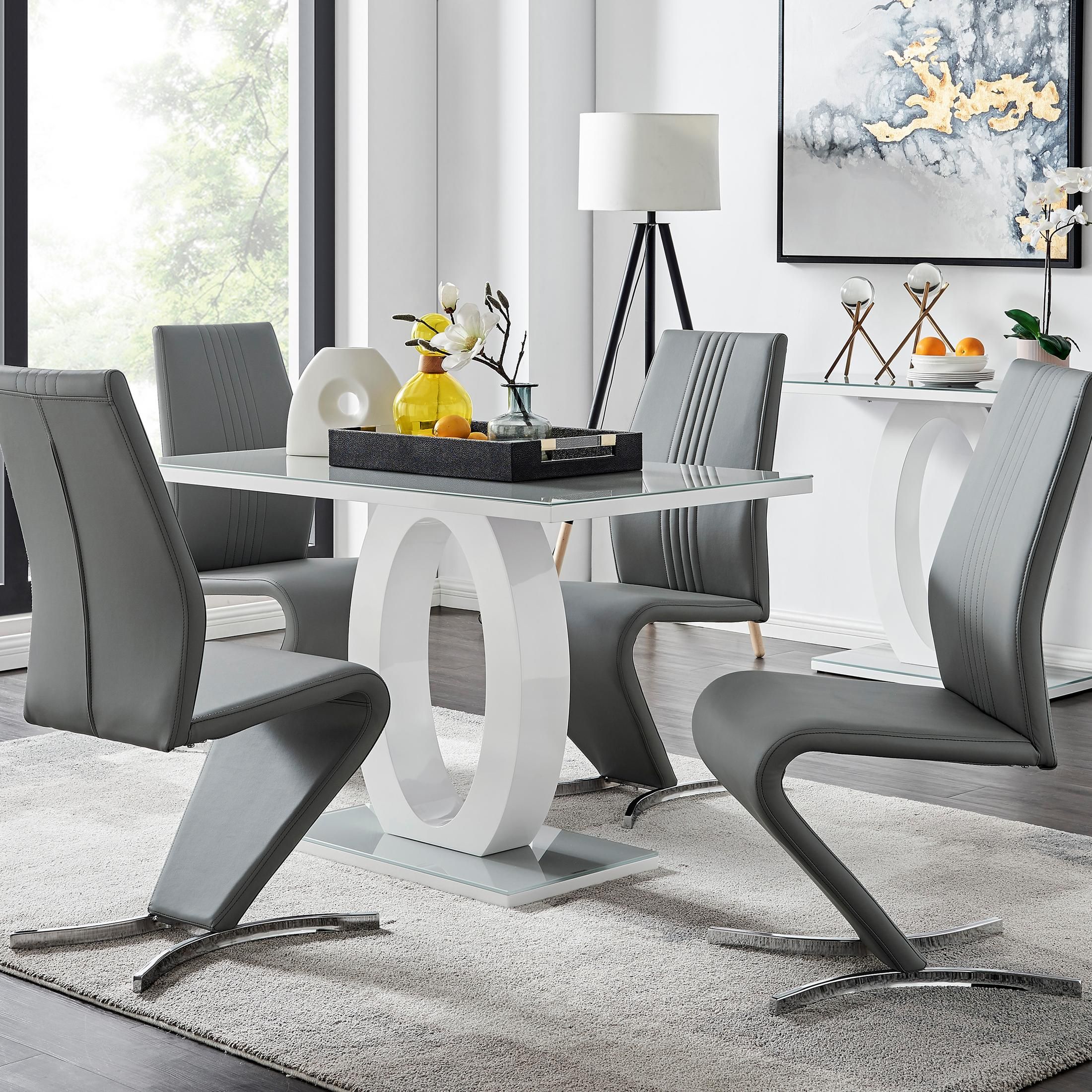 FurnitureboxUK Giovani Grey White Modern High Gloss & Glass Dining Table & 4 Willow Chairs Set