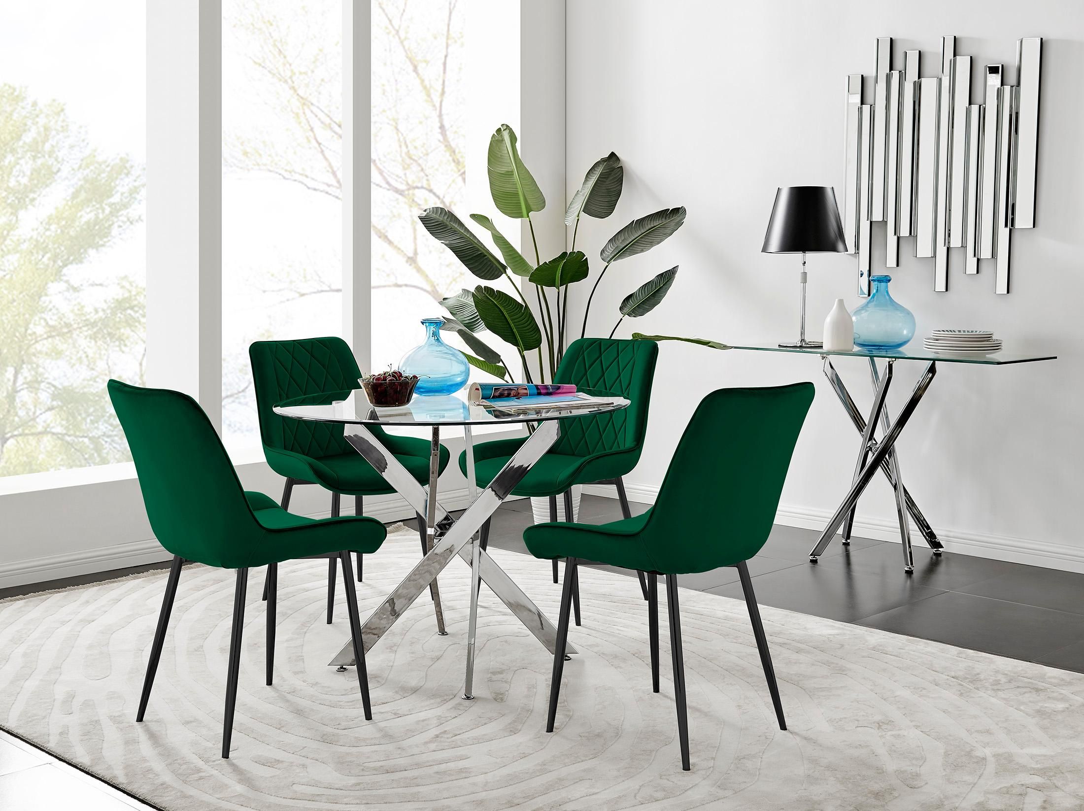 FurnitureboxUK Novara 100cm Round Dining Table & 4 Pesaro Black Leg Chairs in Green