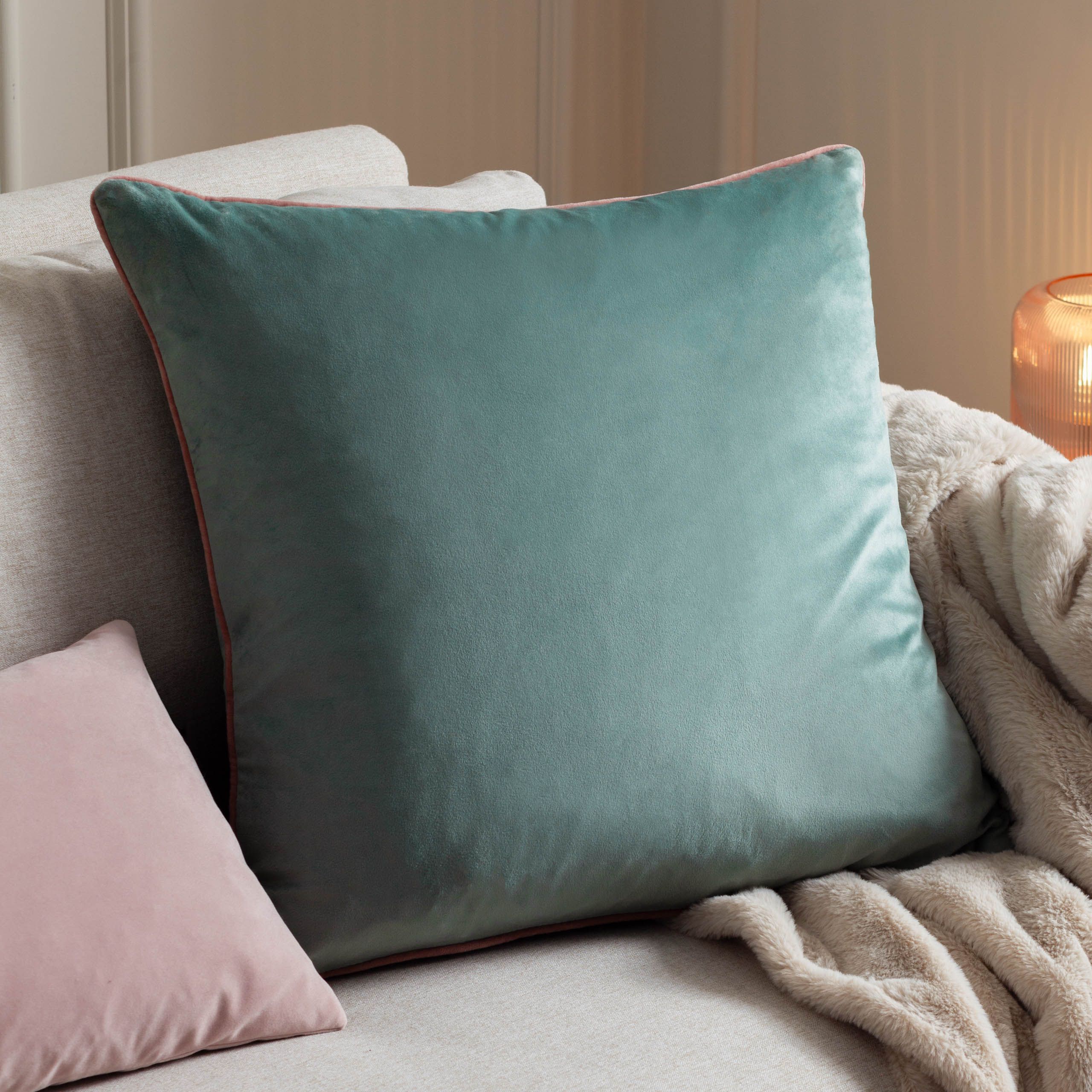 Furn Meridian Velvet Piped Cushion in Pale Blue