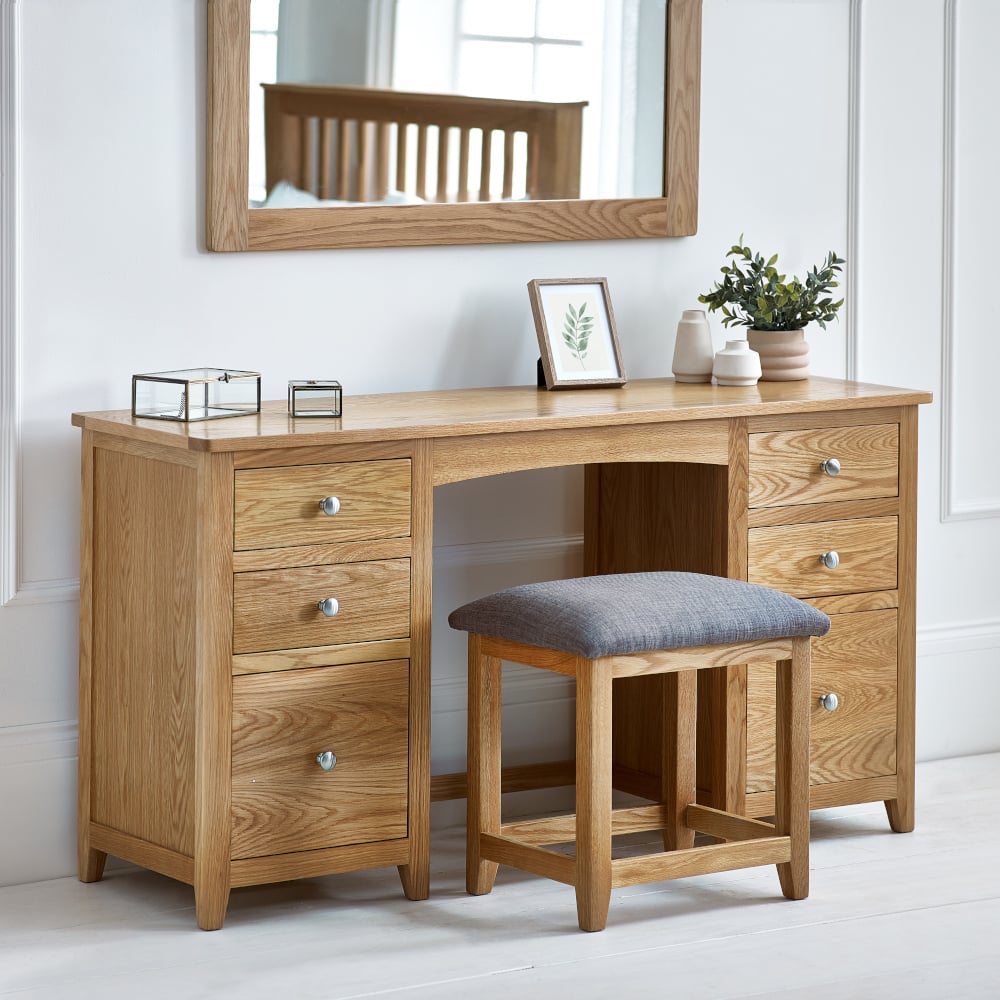 Mallory – 6-Drawer Double Pedestal Dressing Table and Stool – Oak/Grey – Wooden/Fabric - Happy Beds