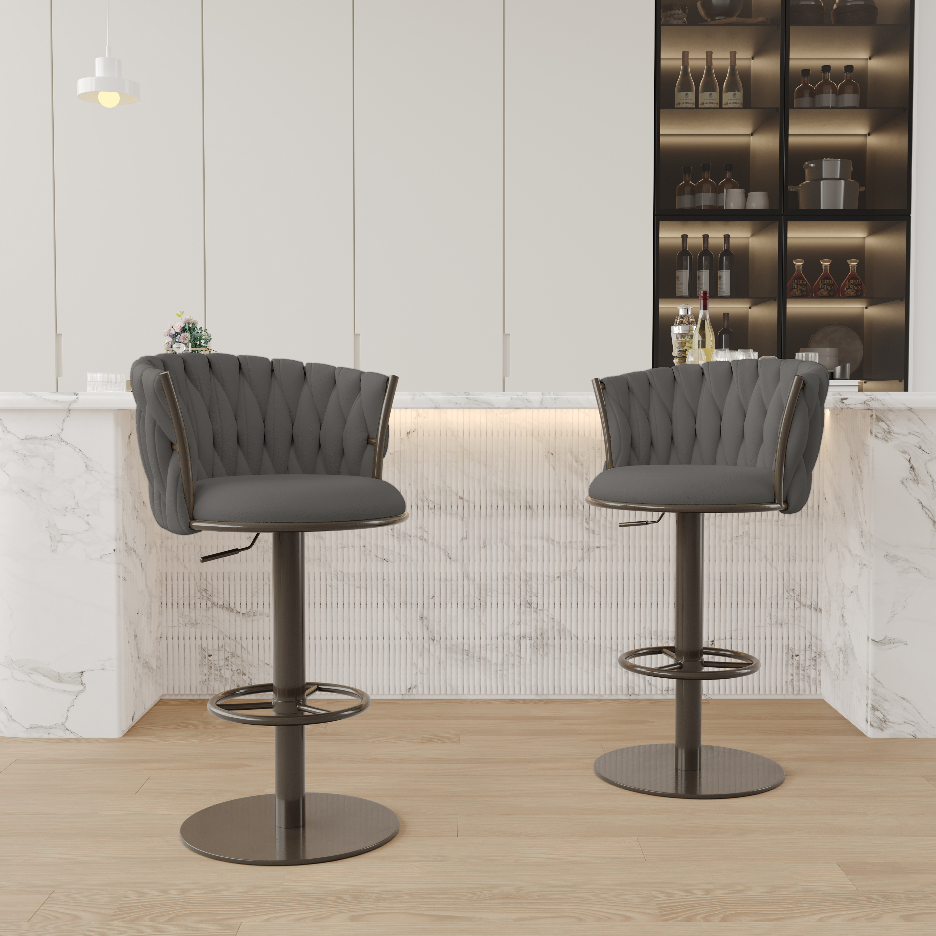 Sweave Set of 2 Grey Swivel Bar Stools Velvet Curved Back Adjustable Height