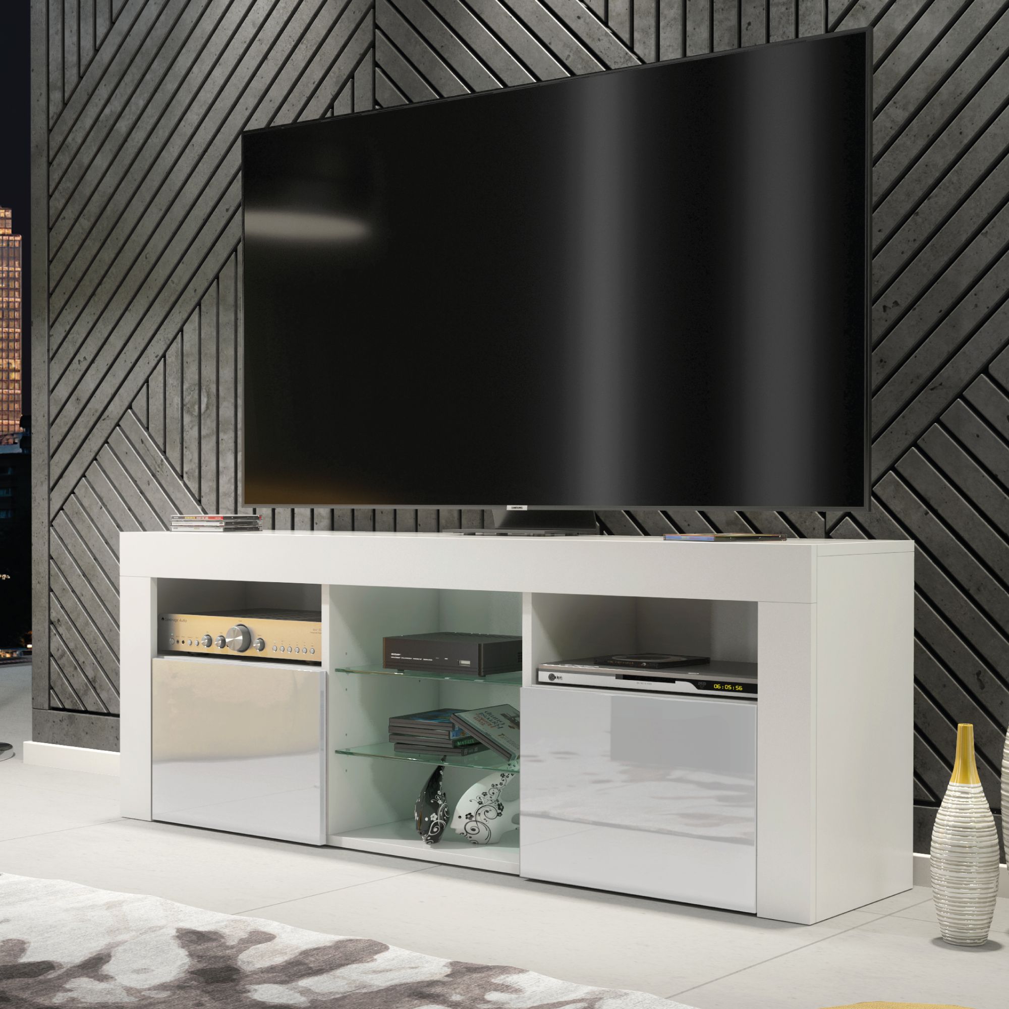 Creative Furniture TV Unit 145cm Modern - White with High Gloss Grey Doors