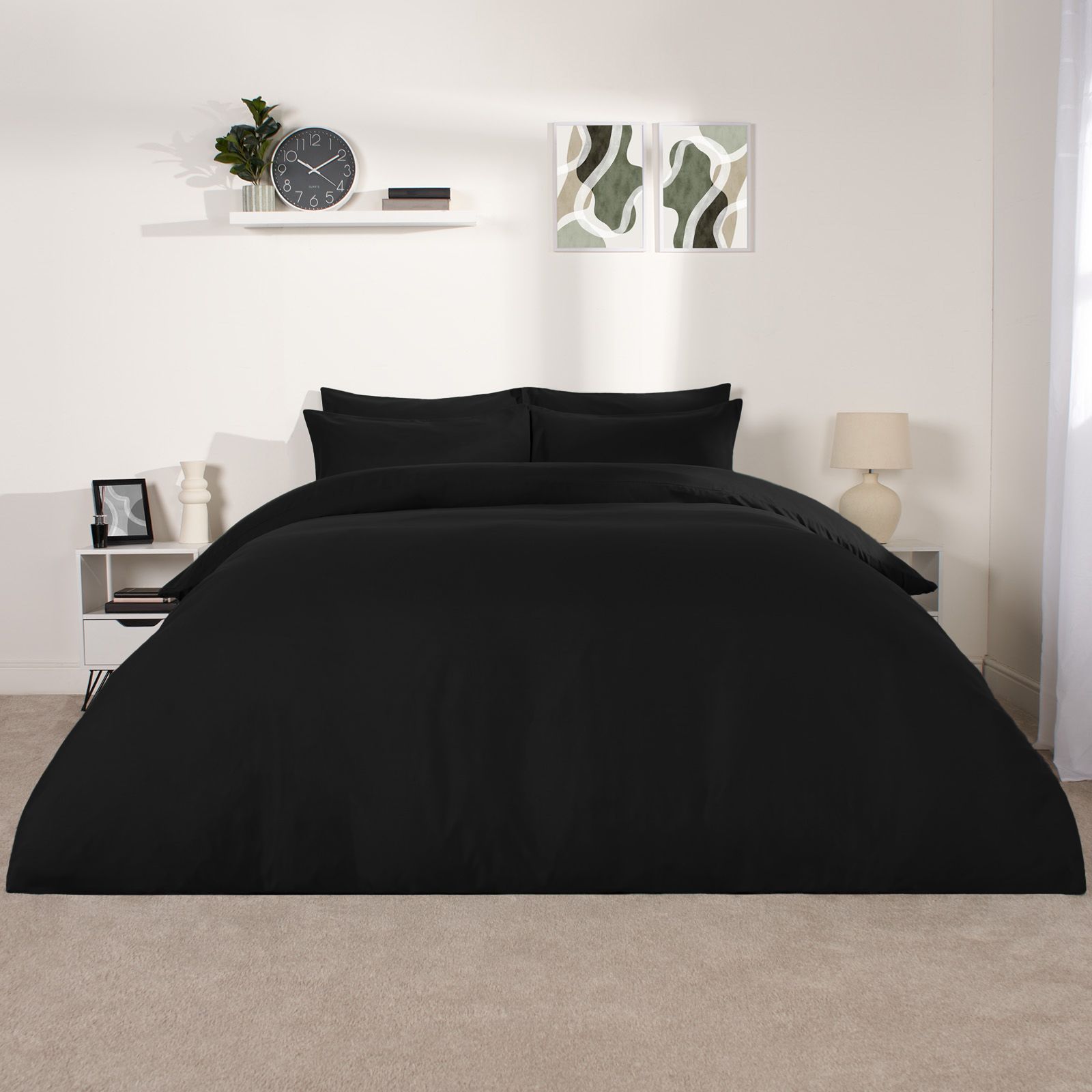 OHS Plain Dyed Duvet Cover Cover with Pillowcase Set in Black