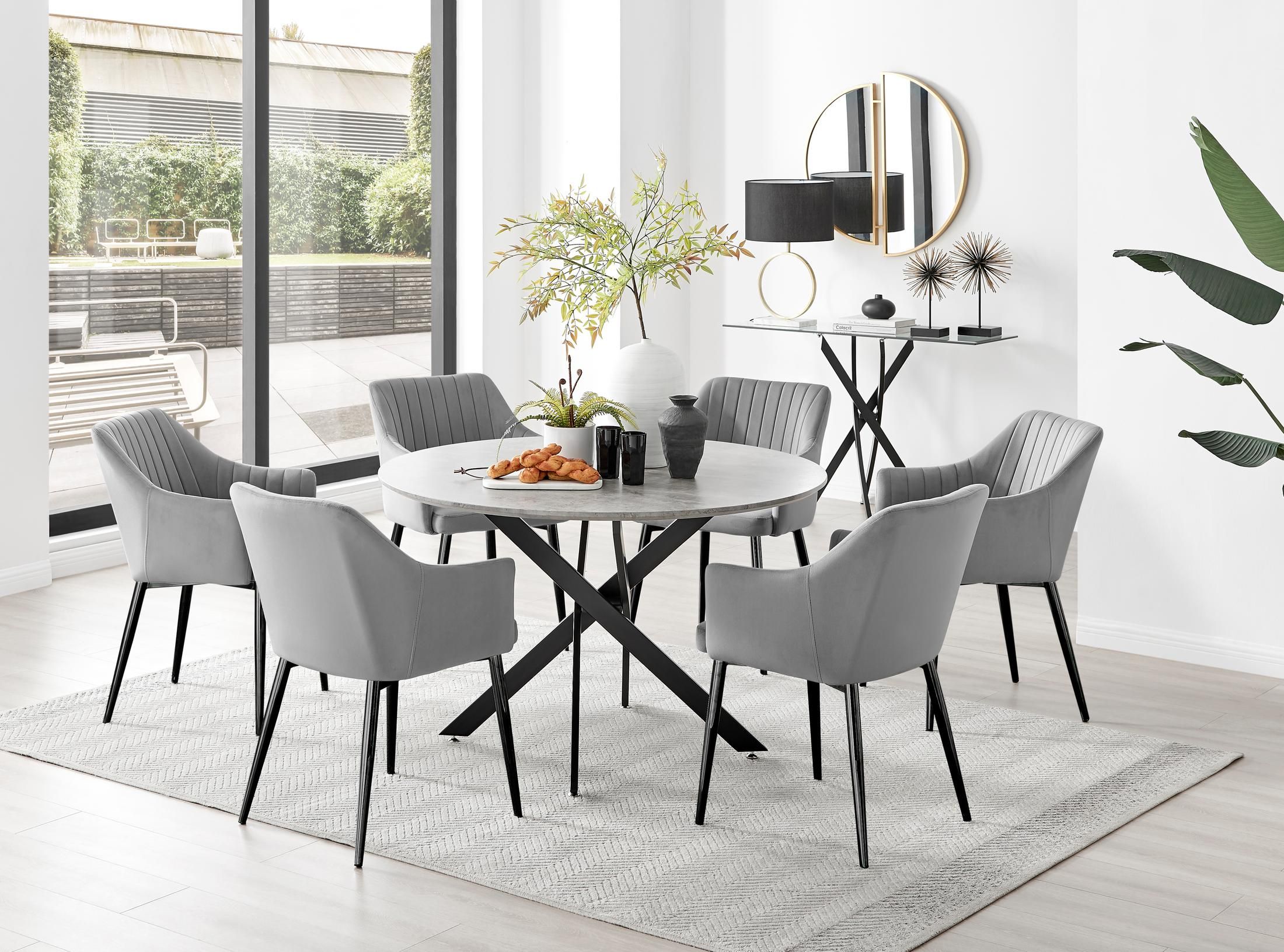 FurnitureboxUK Novara Grey Concrete Effect Black Leg 120cm Round Dining Table & 6 Calla Black Leg Chairs