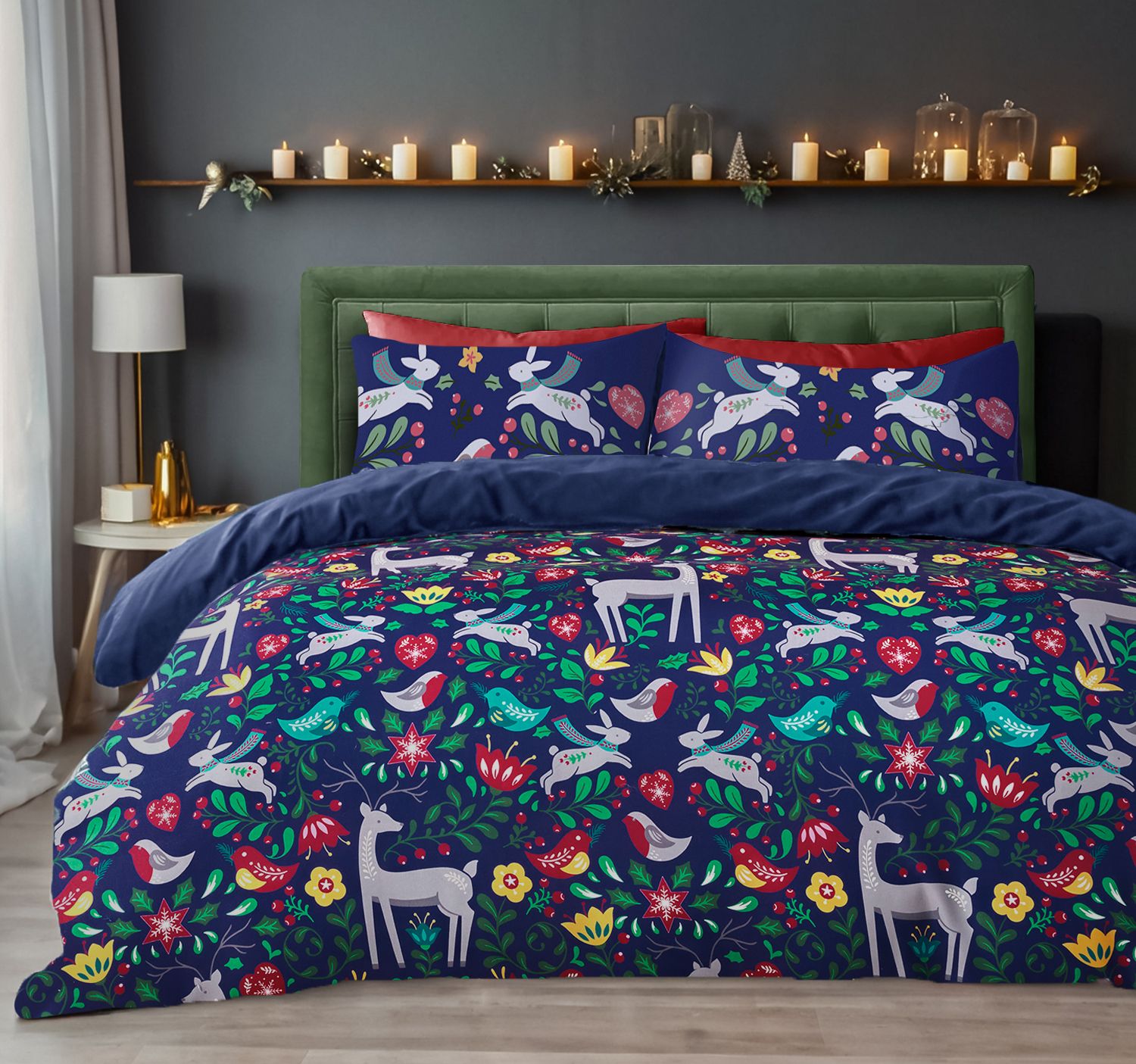 Velosso Robin Scandi Cotton Rich Printed Duvet Cover & Pillowcase Set in Navy